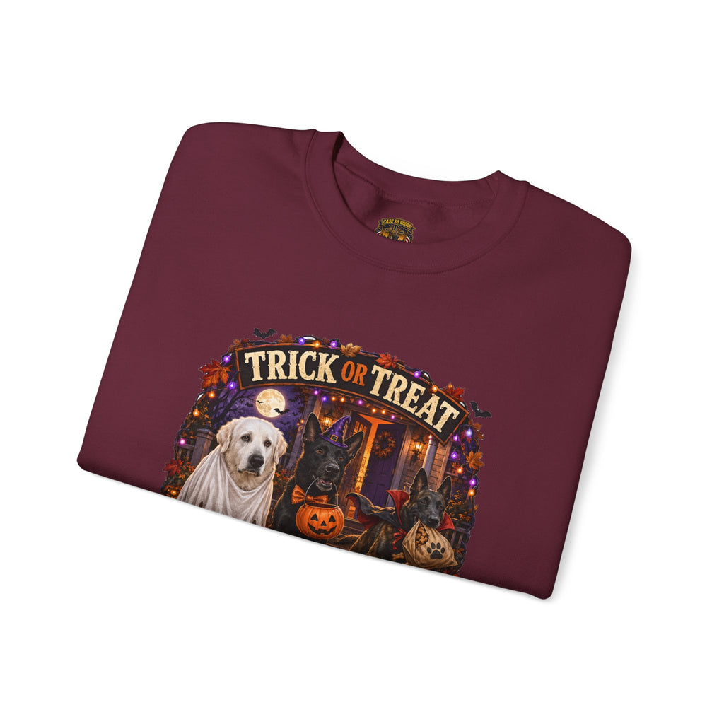 Halloween Crewneck Sweatshirt - "Trick or Treat, Blame the Dogs" Cute K-9 Dog Ghost Pumpkin Design