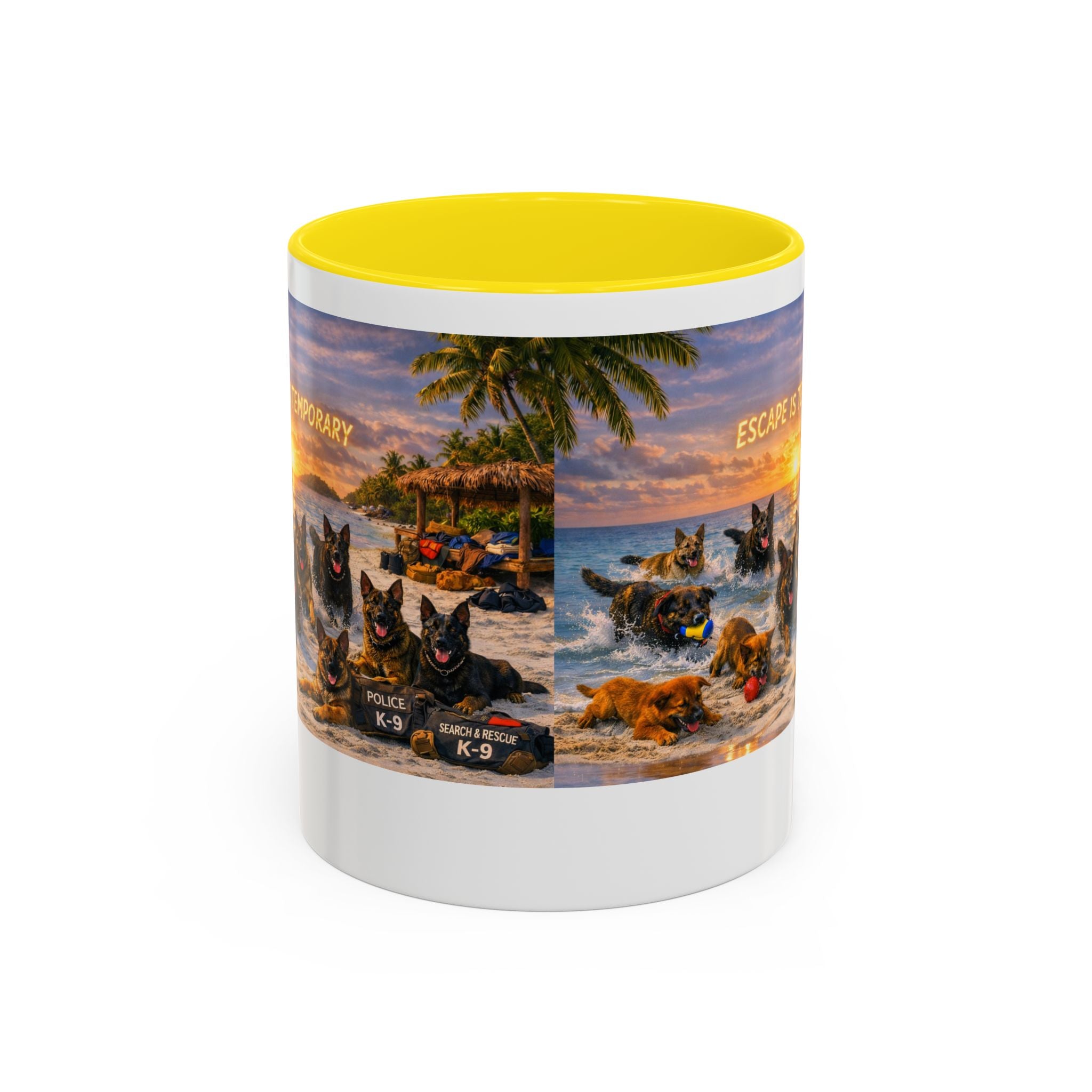 Dutch Shepherd Beach Coffee Mug — "Escape Is Temporary" Accent Mug (11/15oz)