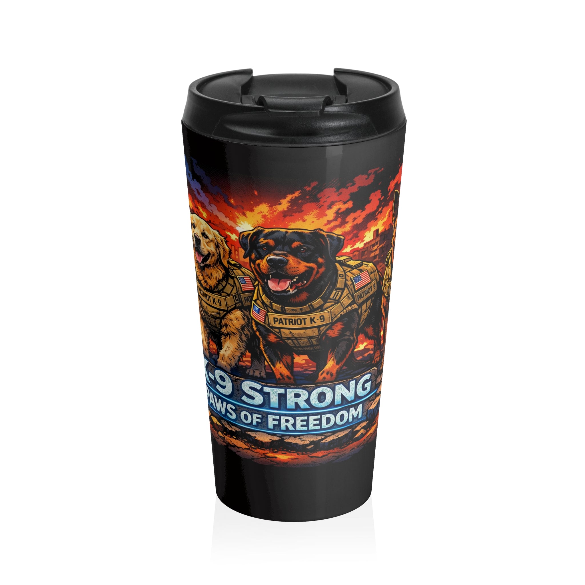 K9 Strong Stainless Steel Travel Mug — "Paws of Freedom" Military Working Dog Design