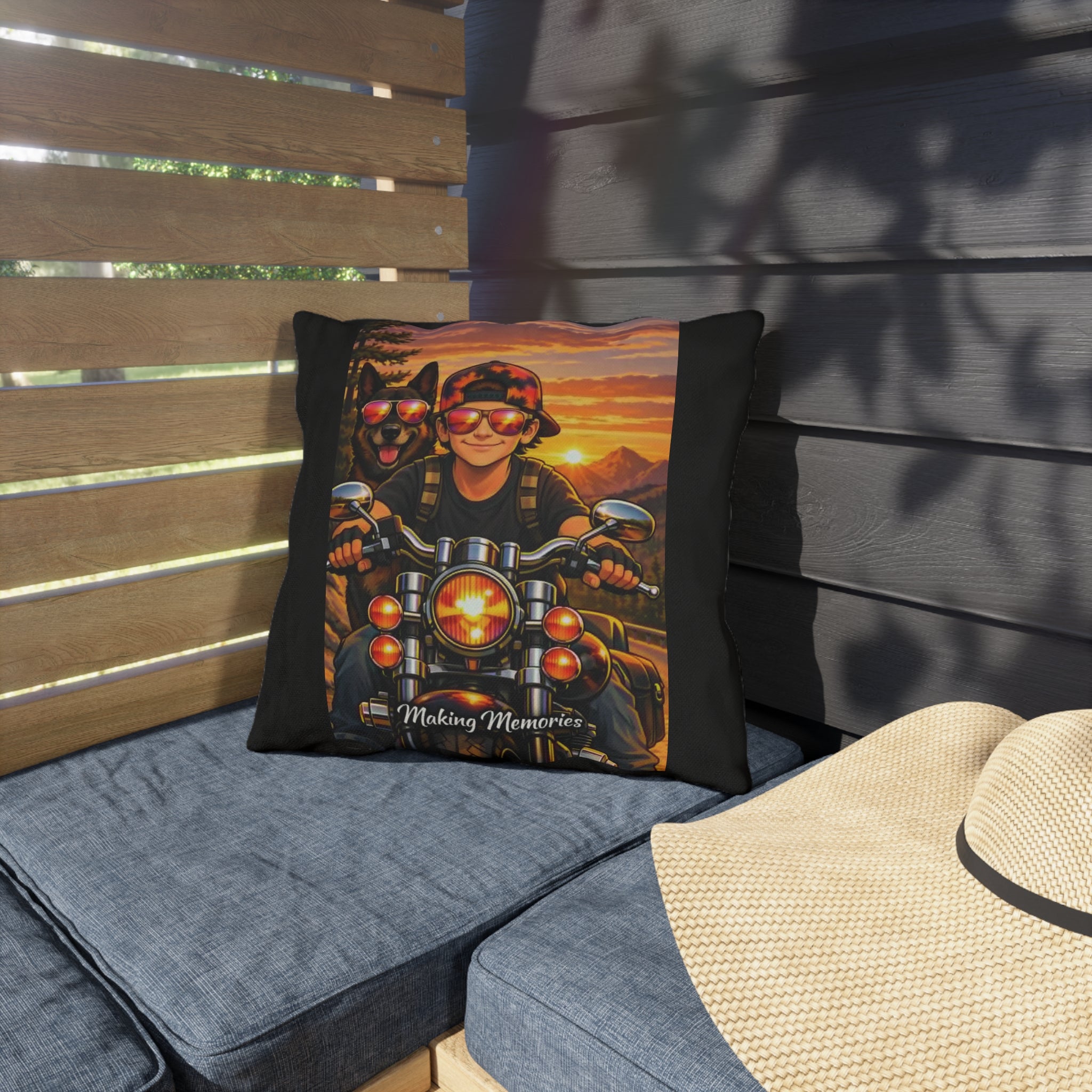 Making Memories Motorcycle Outdoor Pillow – Rider & Dog Sunset Adventure