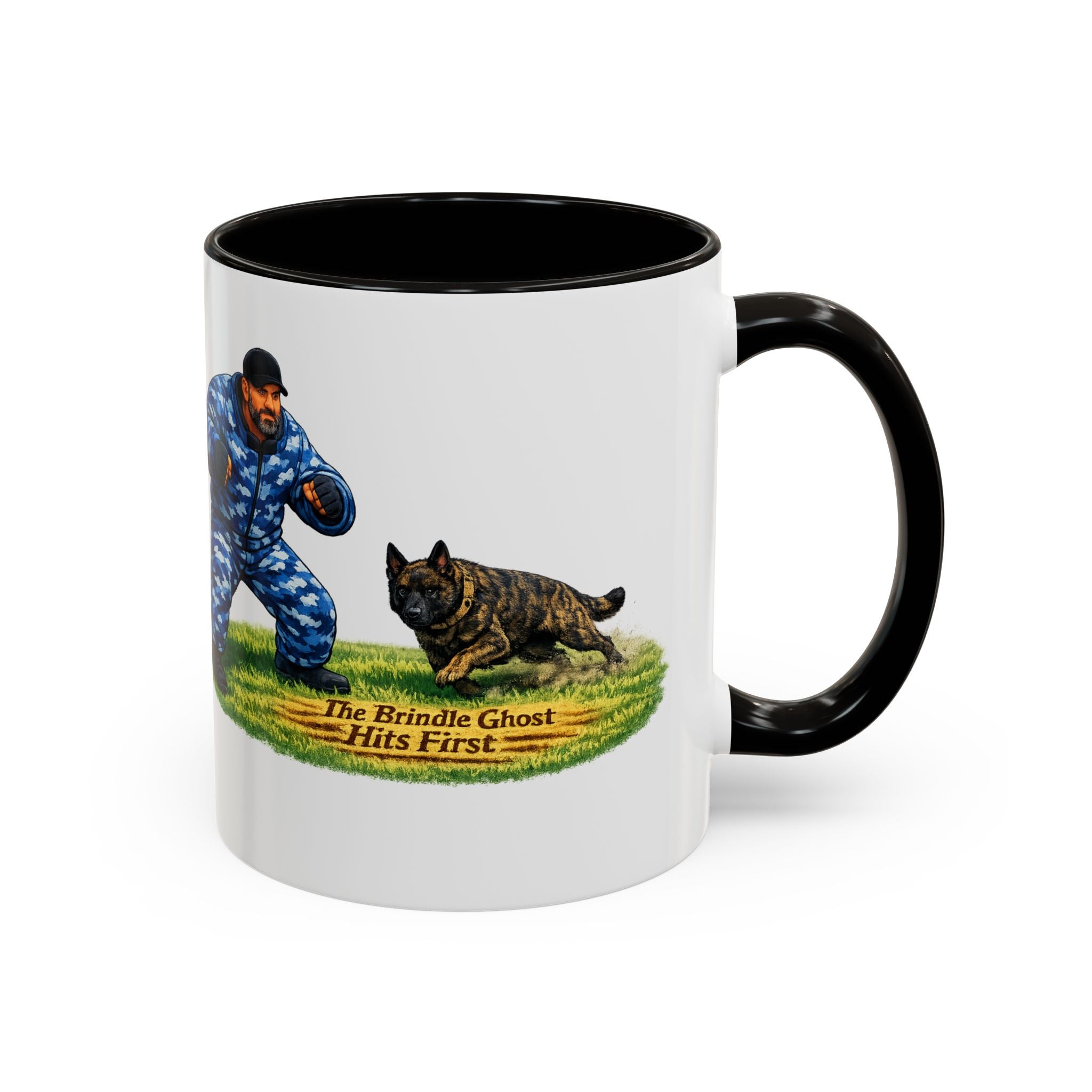 K9 Protection Trainer Mug — “The Brindle Ghost Hits First” Color Accent Coffee Cup (11oz/15oz)