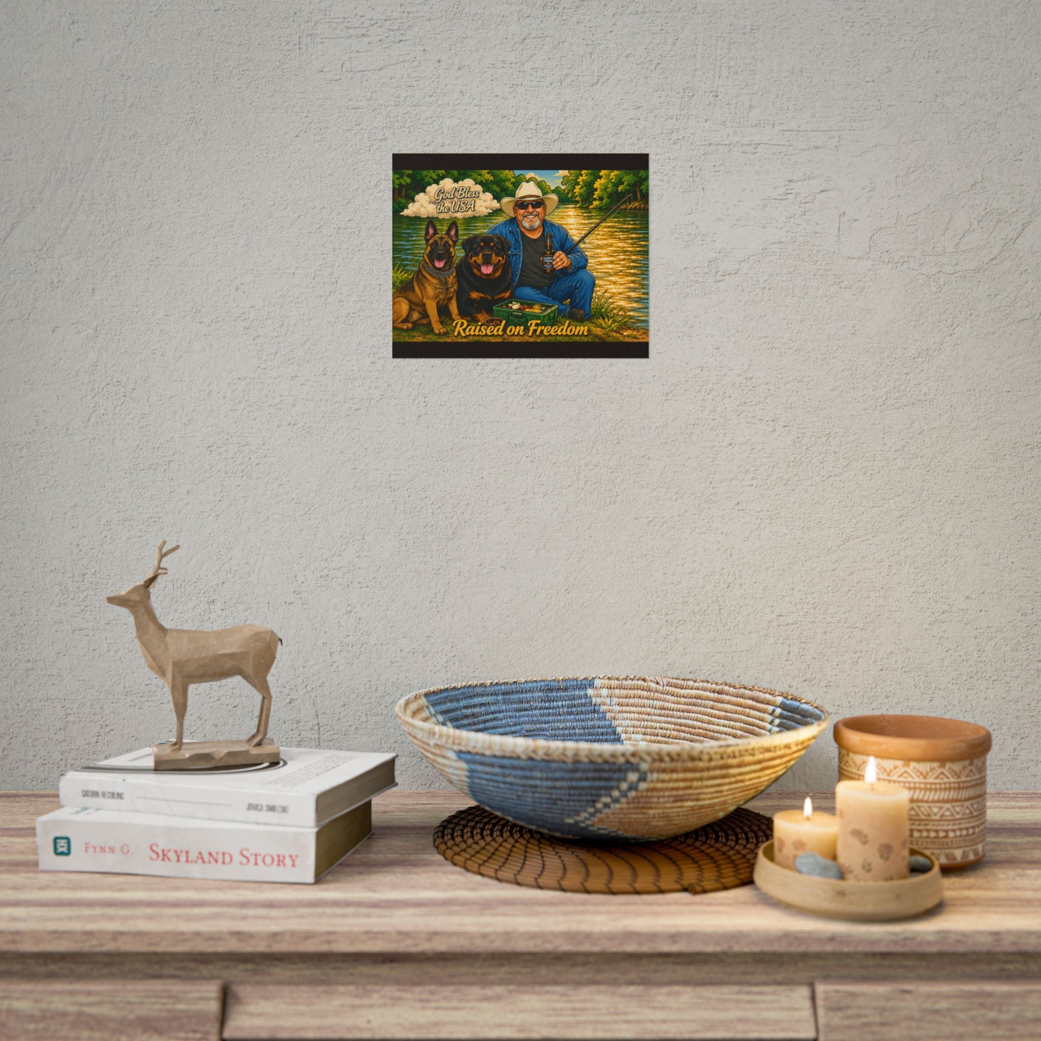Raised on Freedom Poster — "God Bless the USA" Fishing Scene with Dogs