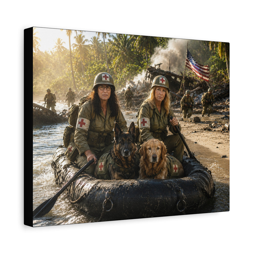 Military Women K-9 Medic Rescue Canvas Print — WWII Beach Landing Wall Art