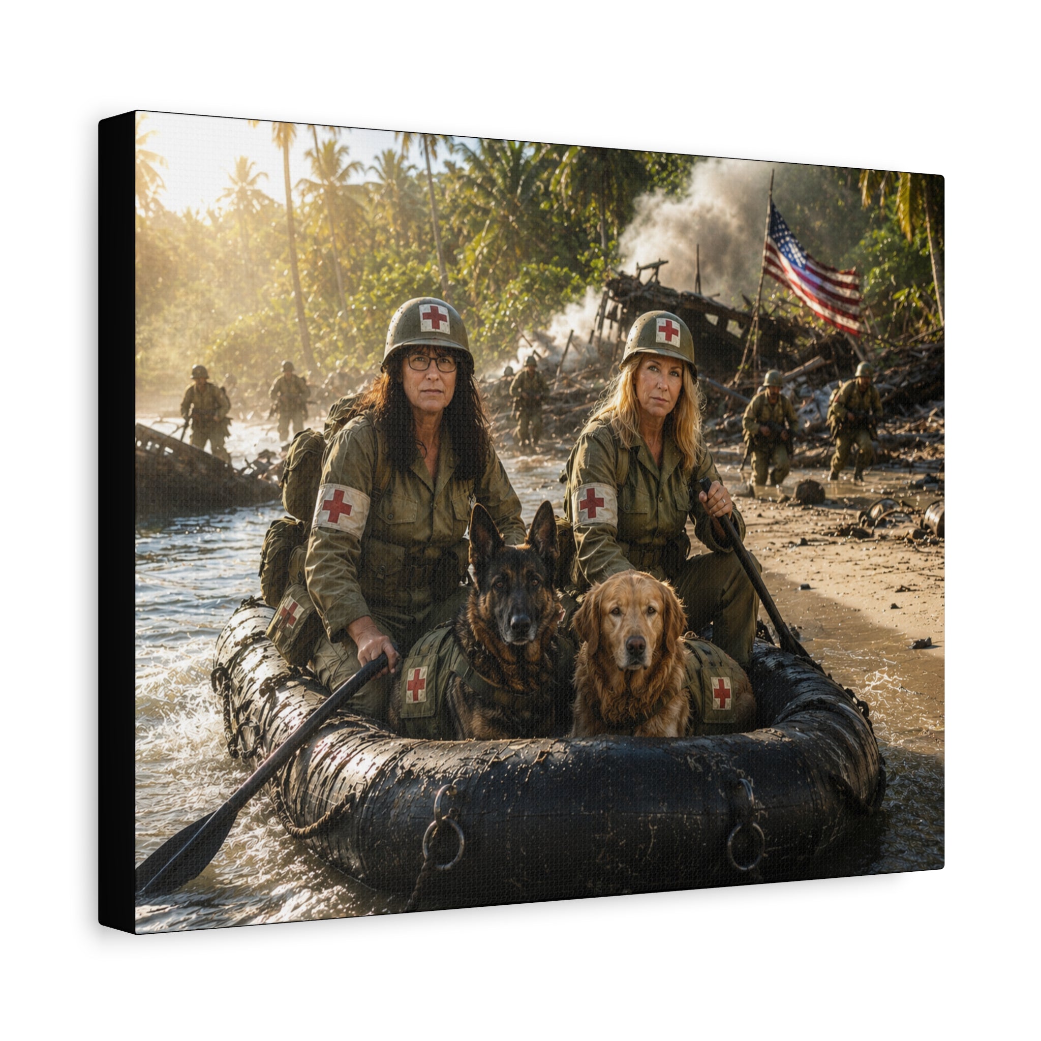 Military Women K-9 Medic Rescue Canvas Print — WWII Beach Landing Wall Art