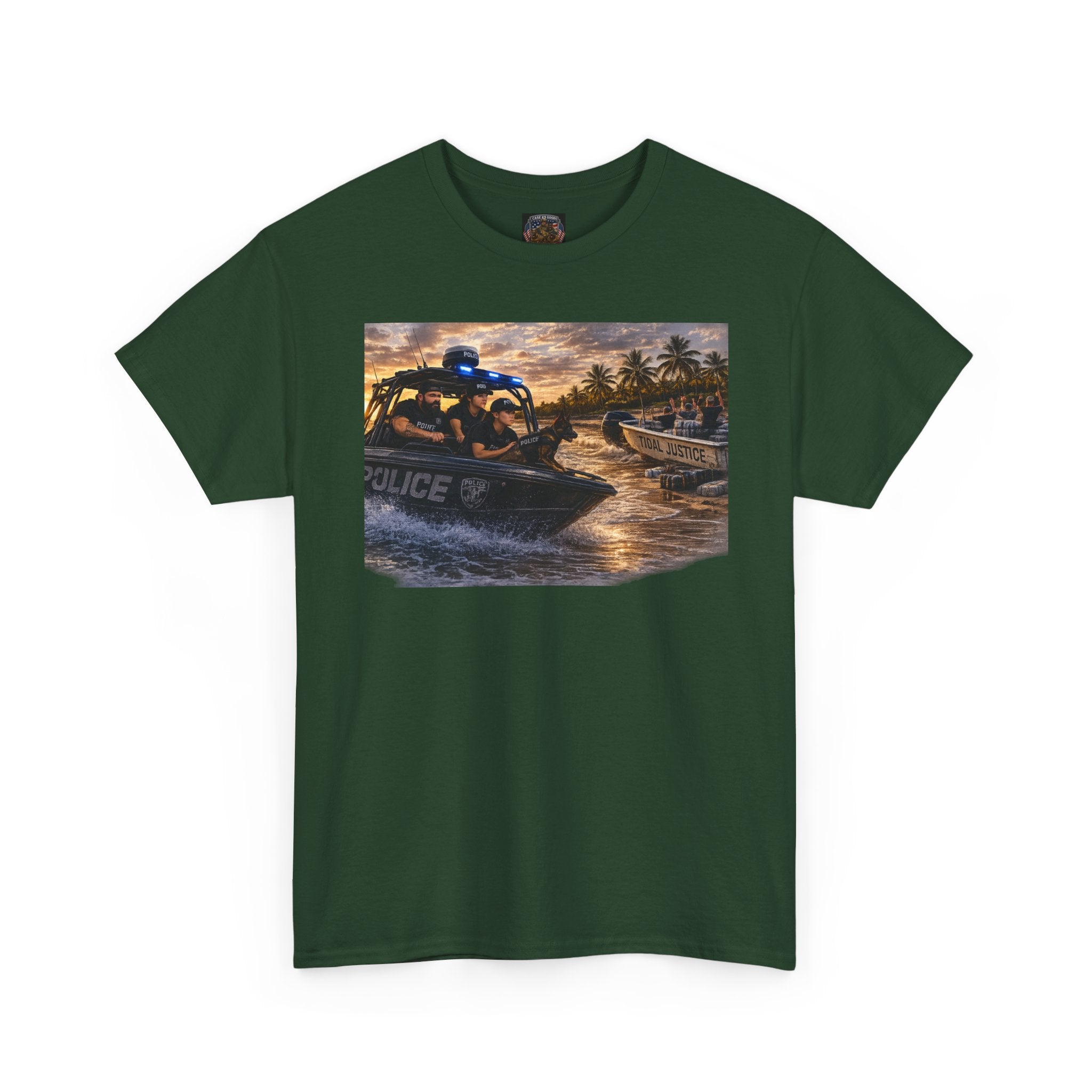 Police K-9 Rescue Boat T‑Shirt — Coastal Patrol Sunset Graphic Tee