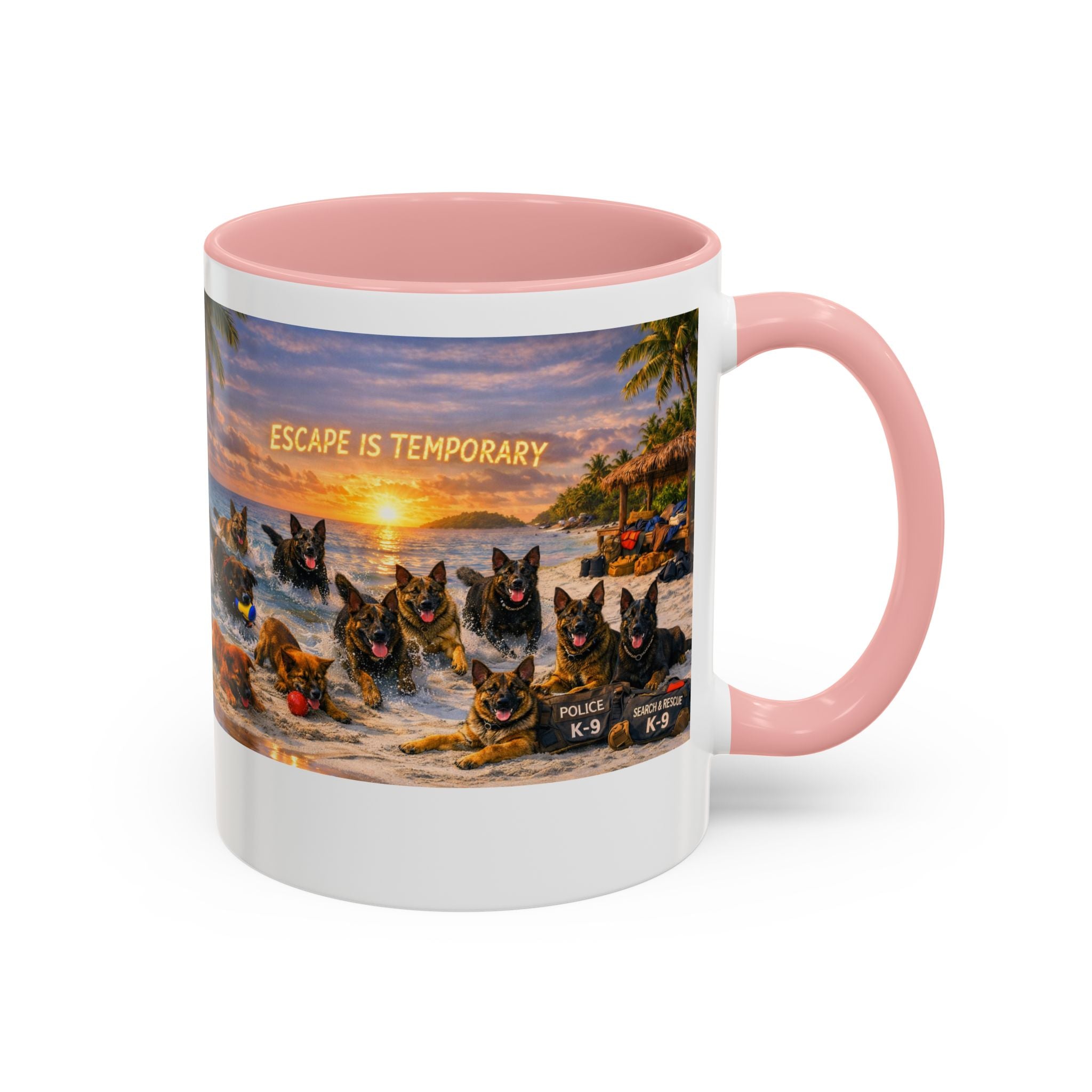 Dutch Shepherd Beach Coffee Mug — "Escape Is Temporary" Accent Mug (11/15oz)