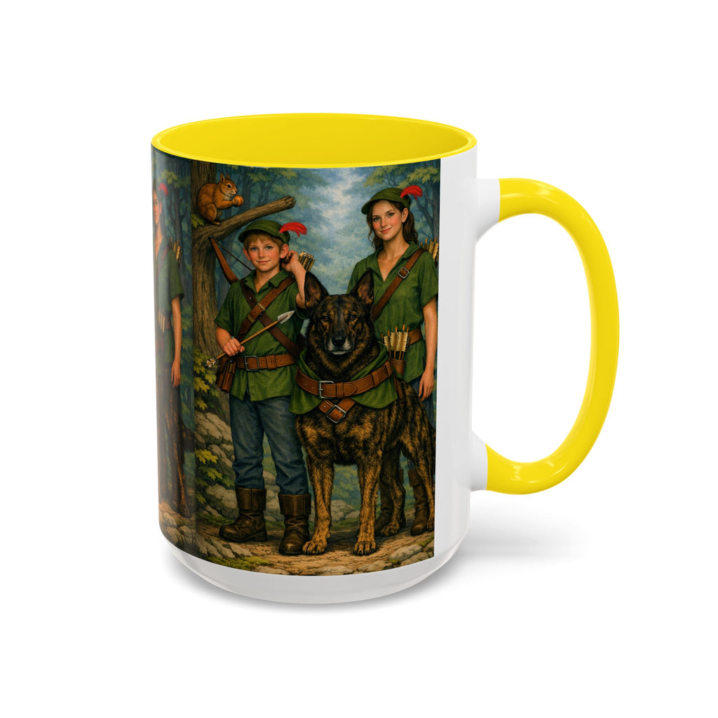 Robin Hood Duo &  Dutch Shepherd Dog Coffee Mug – Fantasy Archer Duo Illustration, Gift for Adventure Fans