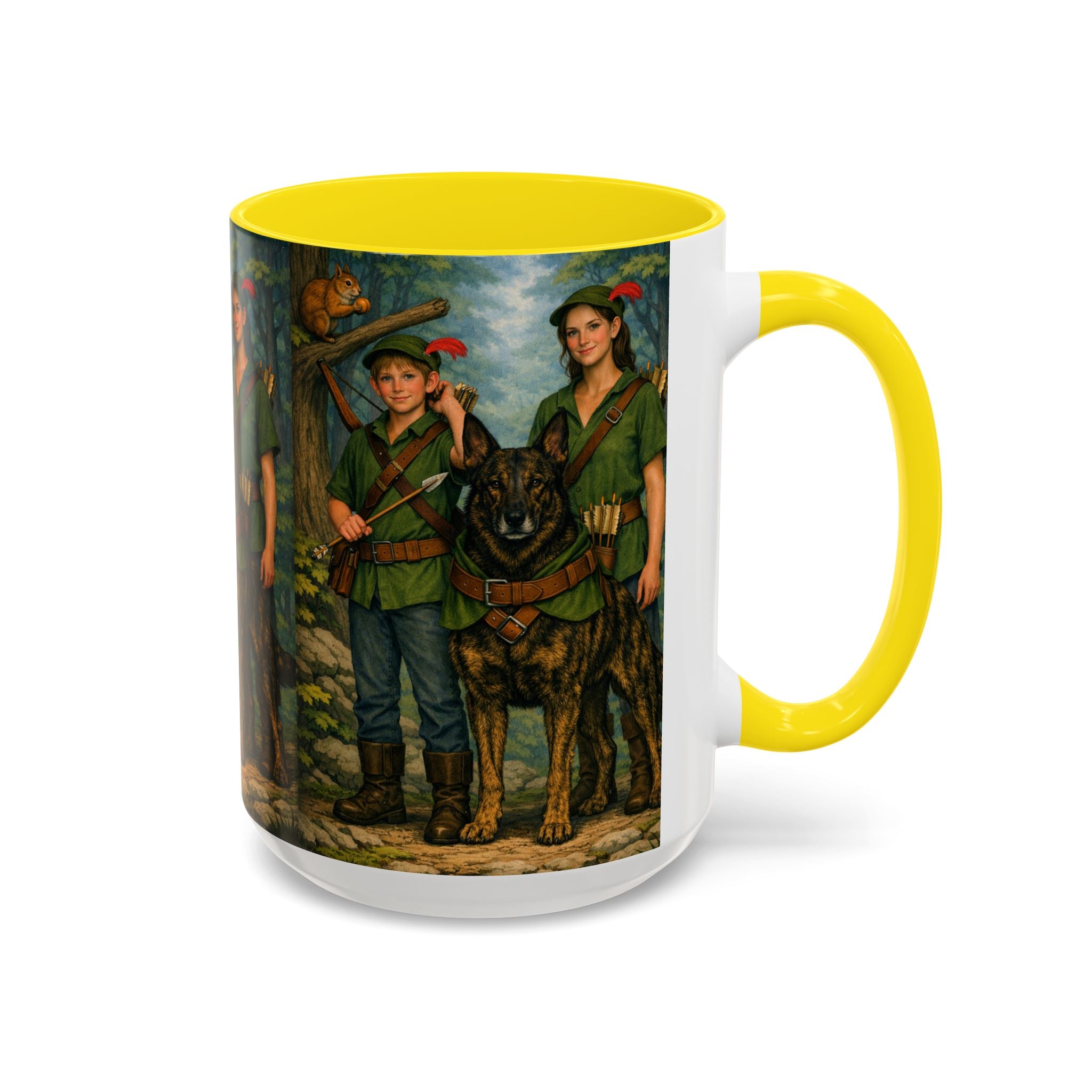 Robin Hood Duo &  Dutch Shepherd Dog Coffee Mug – Fantasy Archer Duo Illustration, Gift for Adventure Fans