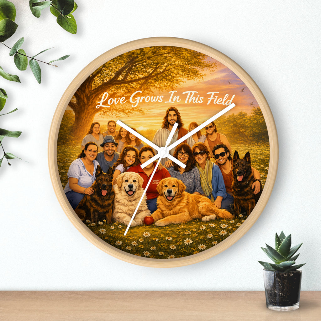 Wall Clock - "Love Grows In This Field" Religious Family & Pets Decorative Clock