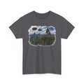 Fantasy Adventure T-Shirt — Warrior on Cliff with Airship Sky Scene