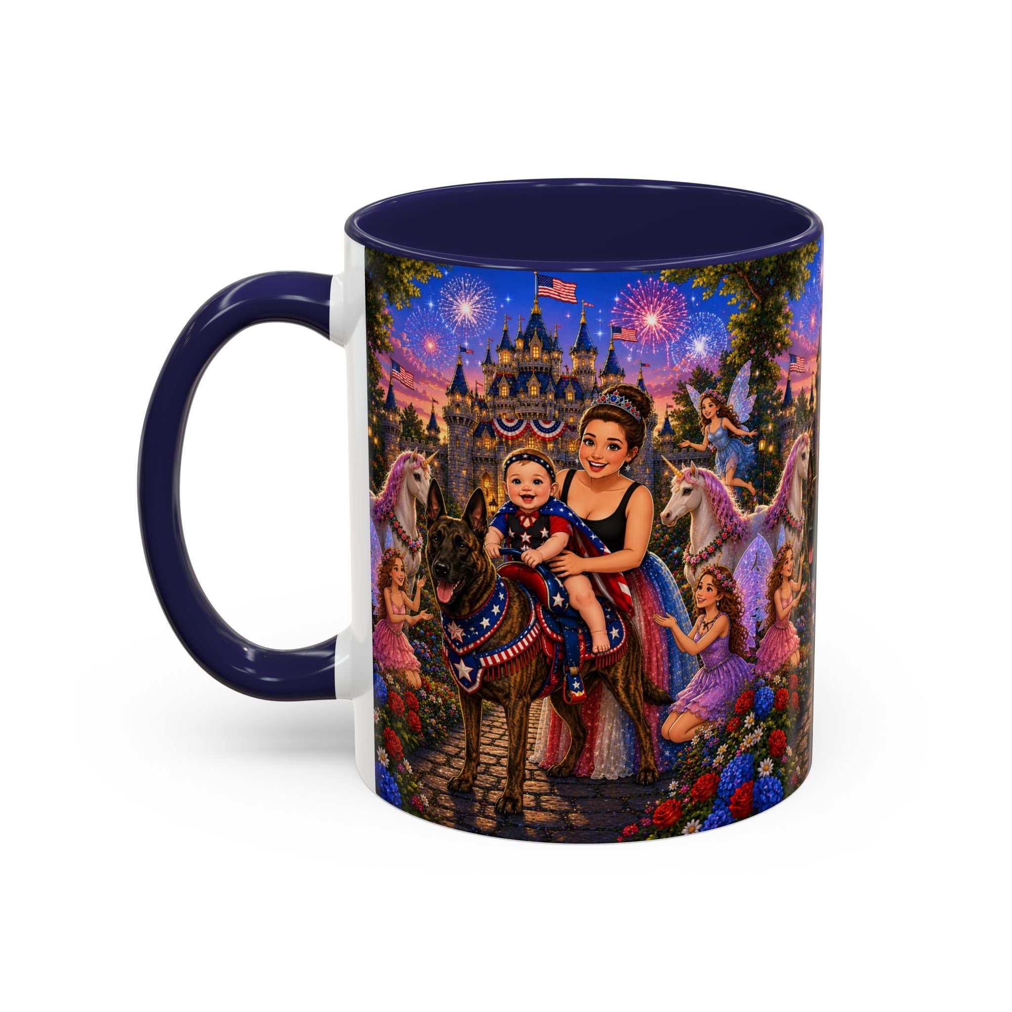 Patriotic Fairy Tale Coffee Mug — Family Castle, Fireworks & Unicorns