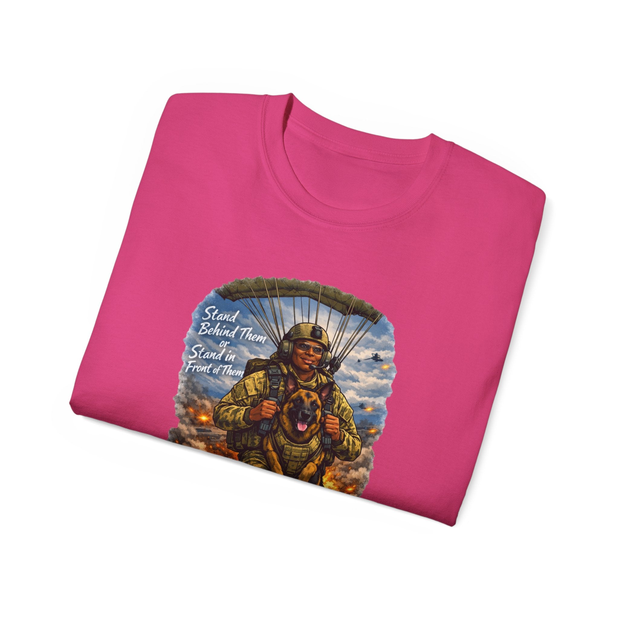 Paratrooper Veteran T‑Shirt – 'Stand Behind Those Who Served' Military Parachute Graphic Tee