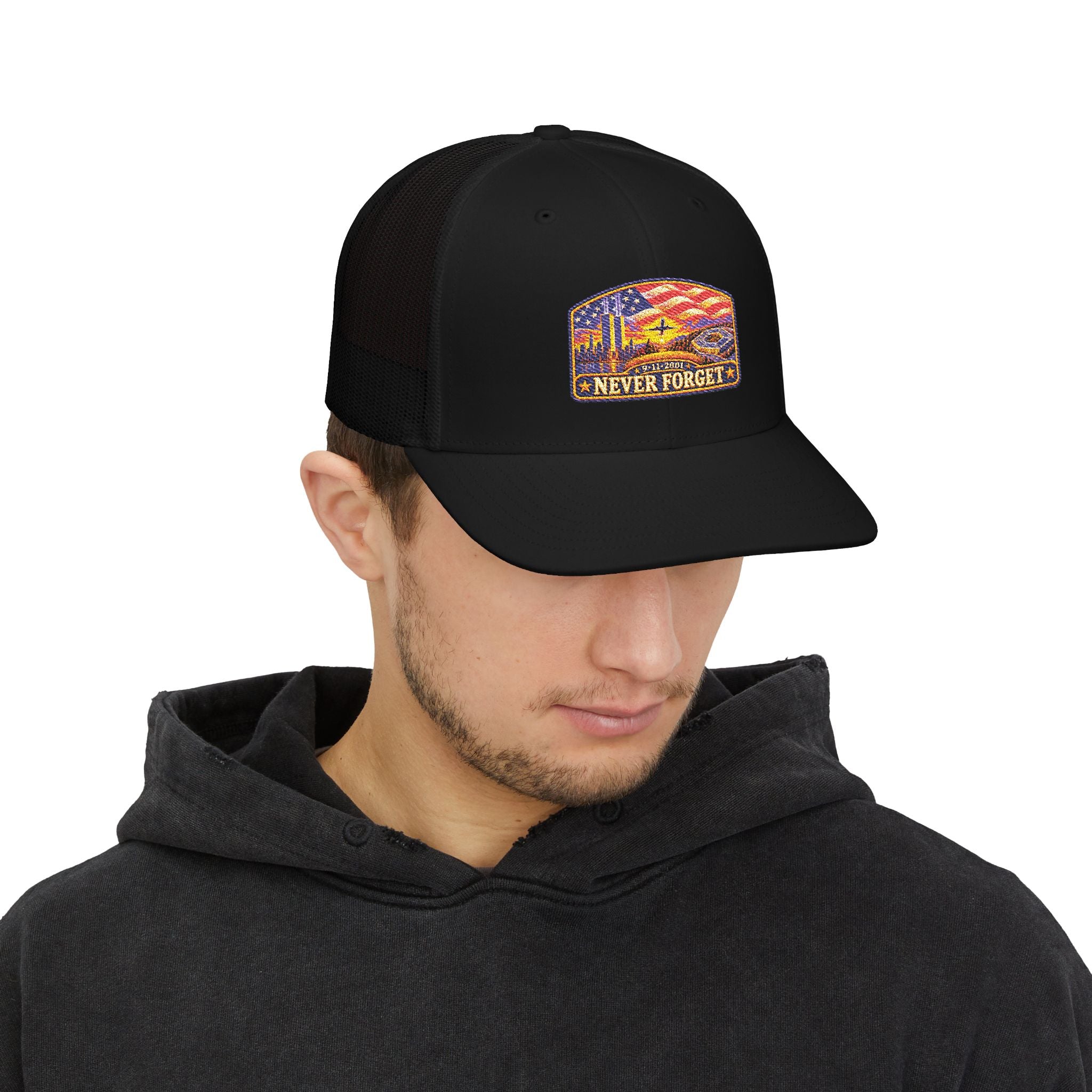 Never Forget Trucker Cap — American Flag 9/11 Memorial Snapback
