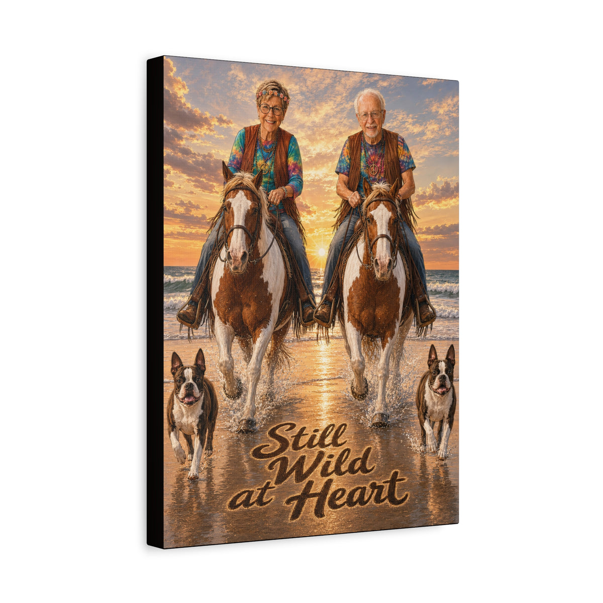 Still Wild at Heart Canvas Wall Art – Elder Couple Riding Horses on Beach