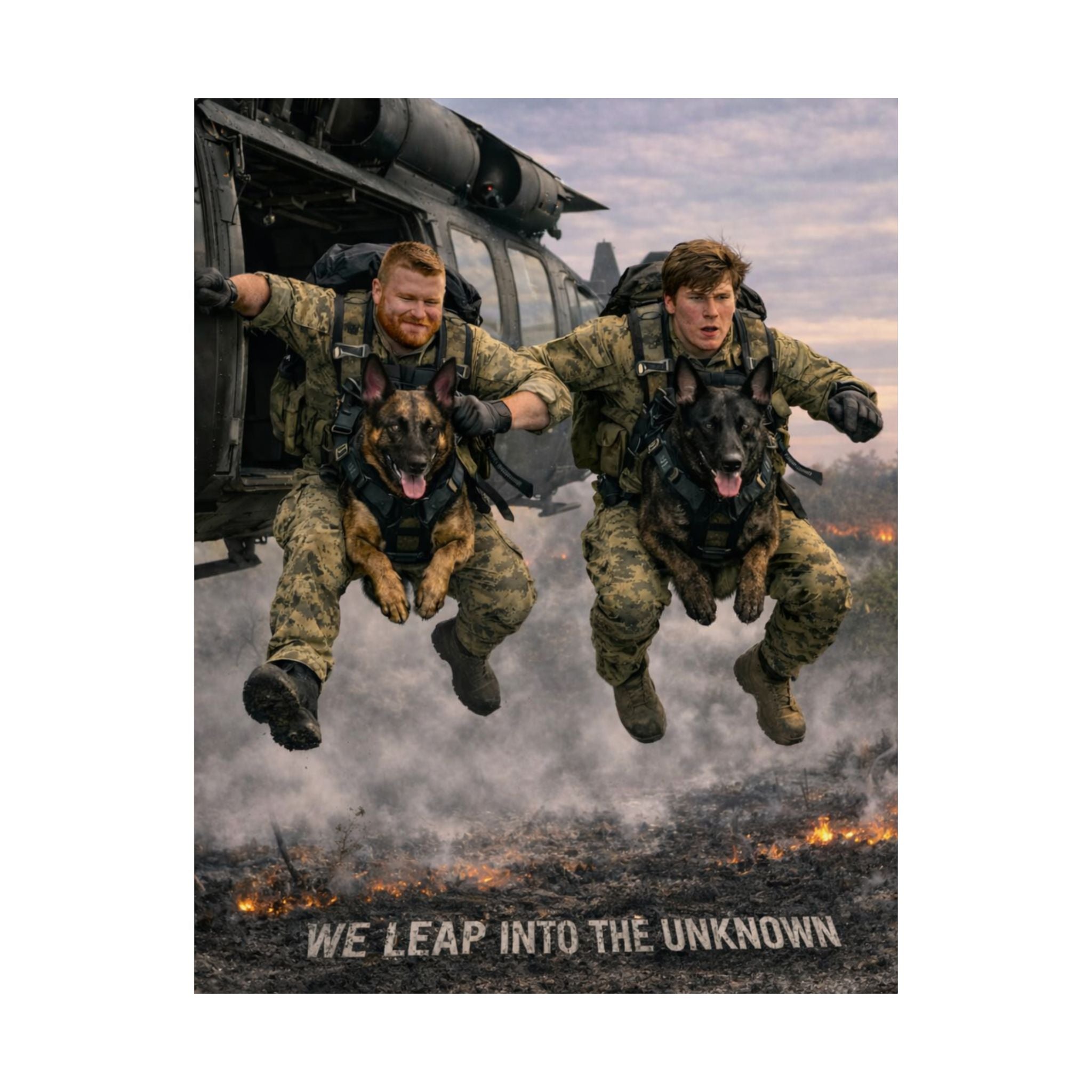 Military Paratroopers K-9 Team Poster — "We Leap Into The Unknown" Satin Print