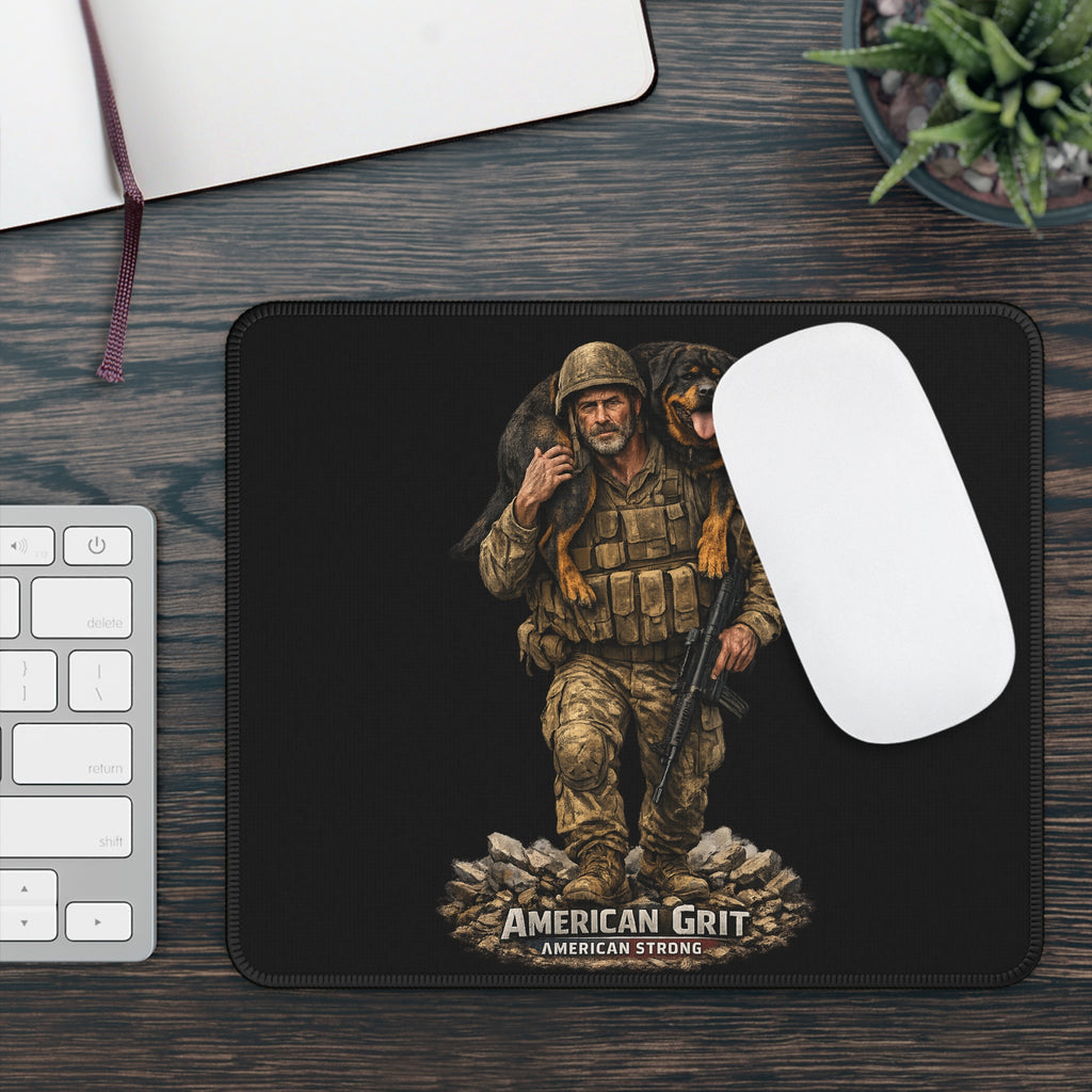 American Grit Military Gaming Mouse Pad — Soldier Carrying Dog "American Strong"