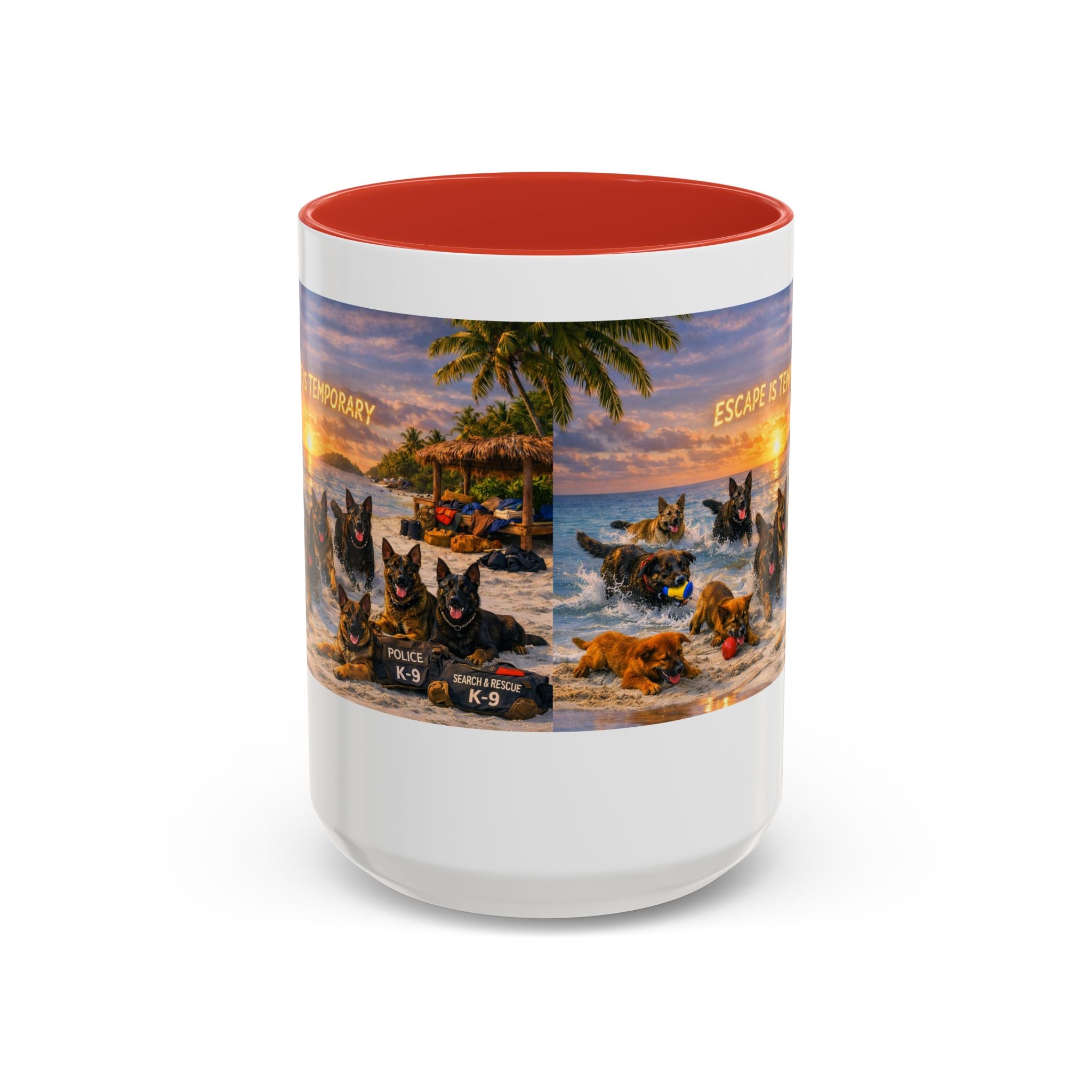 Dutch Shepherd Beach Coffee Mug — "Escape Is Temporary" Accent Mug (11/15oz)