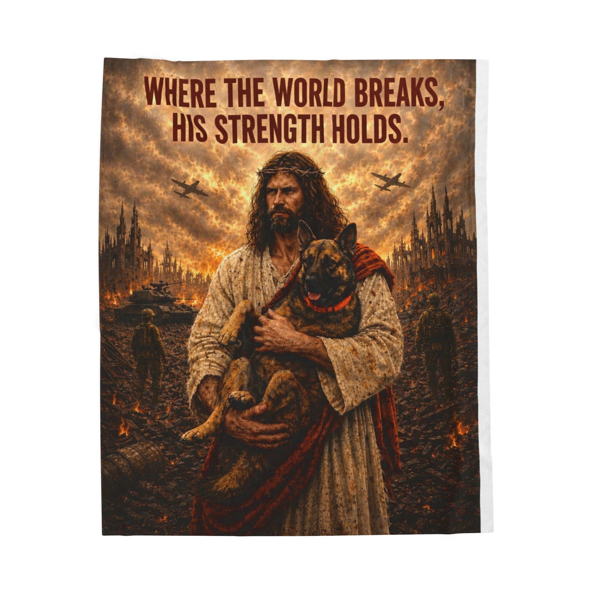 Christian Jesus Shepherd Velveteen Plush Blanket – "Where the World Breaks, His Strength Holds"