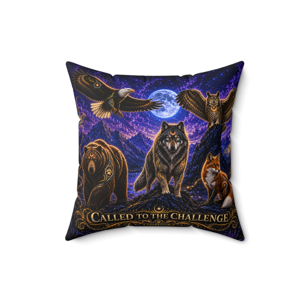 Called to the Challenge Wildlife Moon Pillow — Wolf, Bear & Owl Nature Throw Pillow