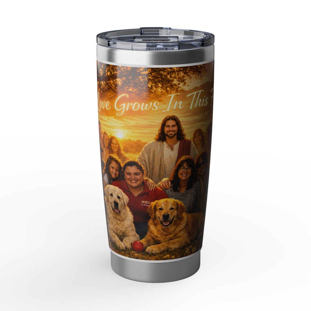 Religious Family Photo 20oz Tumbler — "Love Grows In This" Faith Travel Mug