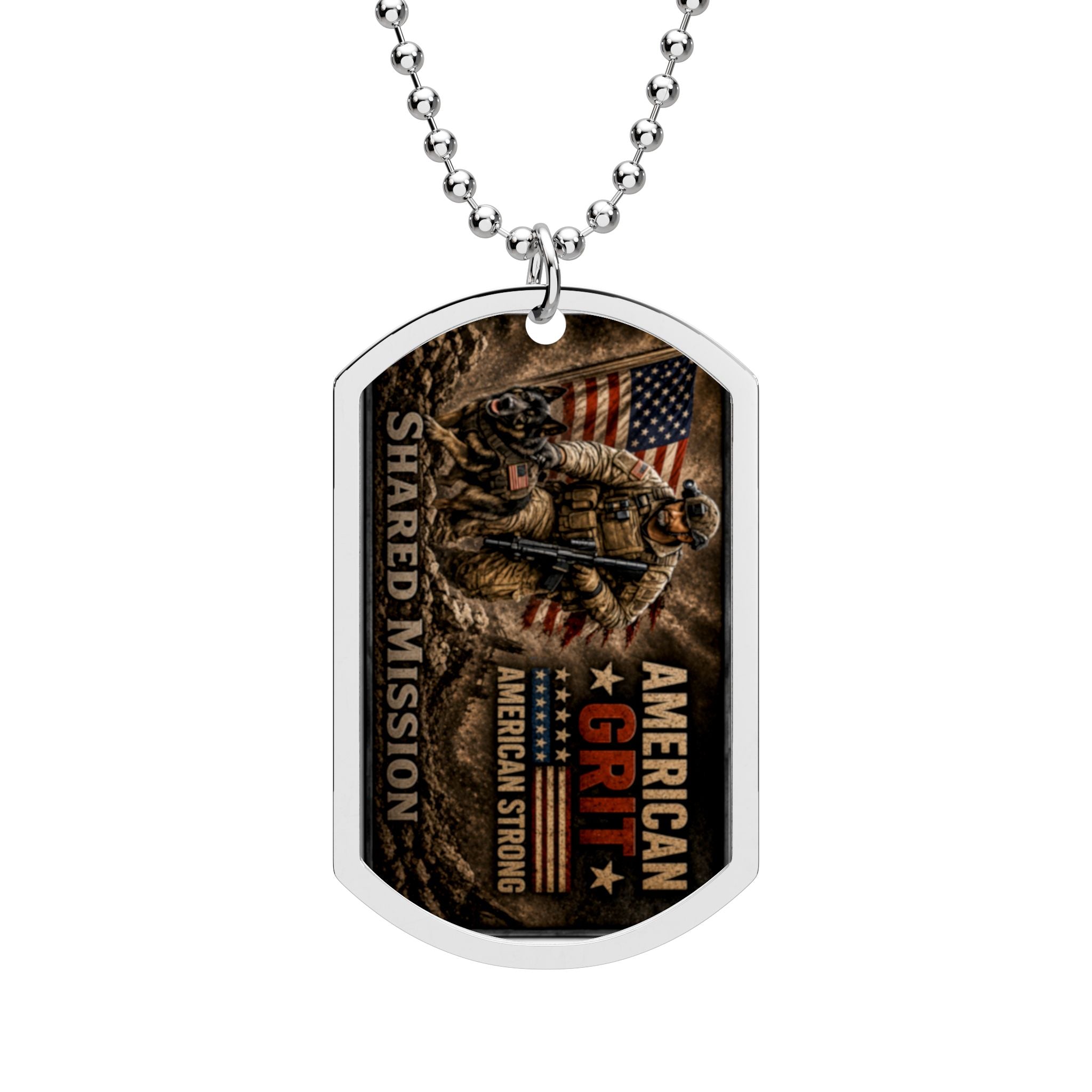American Grit Dog Tag Necklace — Military Veteran Tribute with Flag & Soldier Design