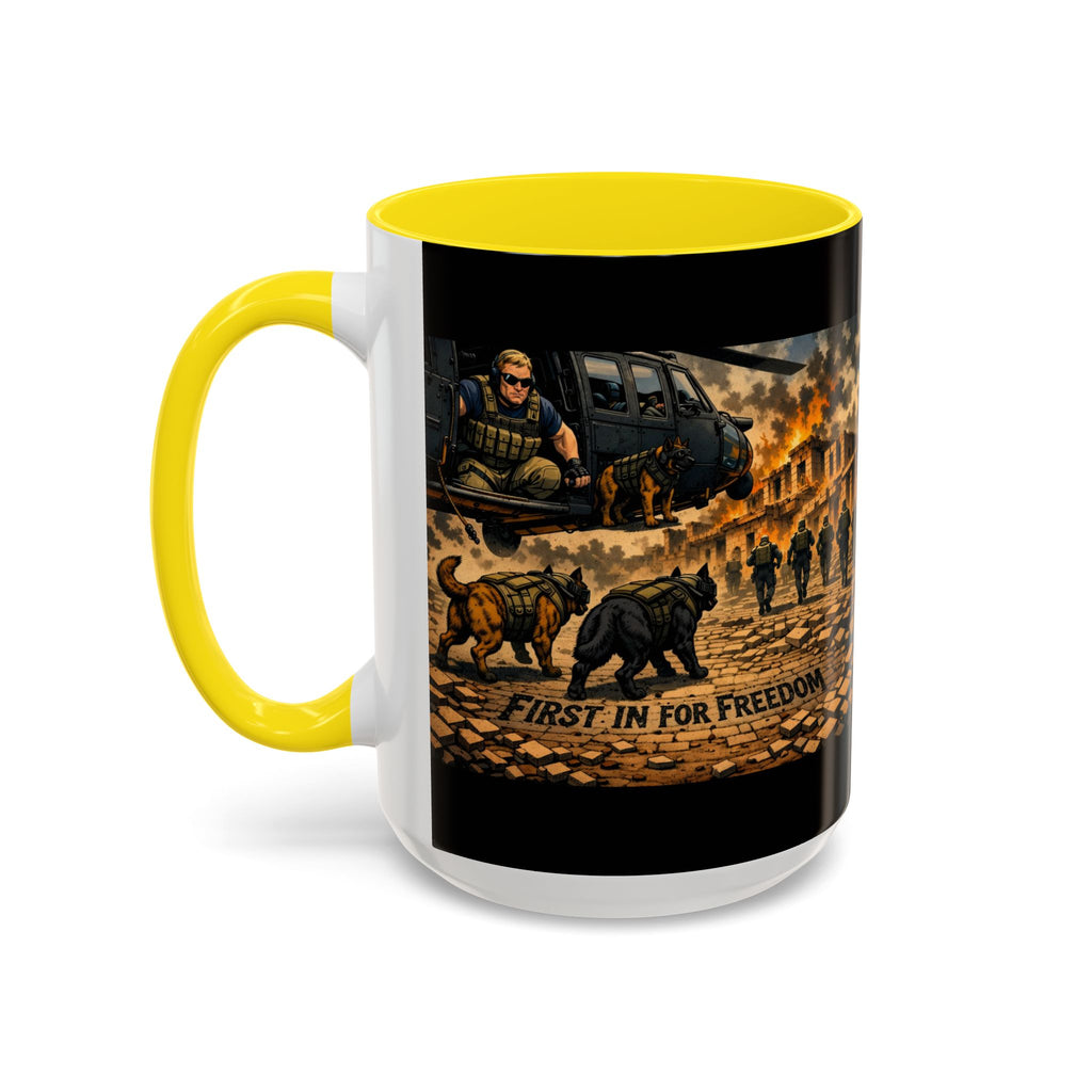 Military K9 Coffee Mug — 'First In for Freedom' Accent Ceramic Mug
