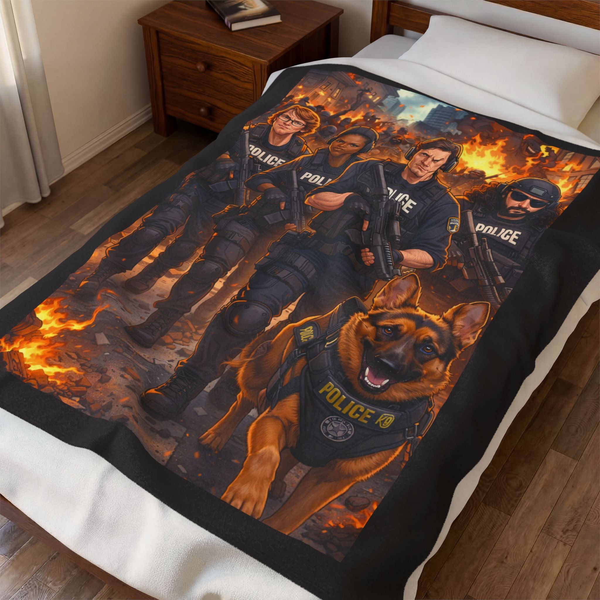 Police K9 Tactical Team Velveteen Plush Blanket — Urban Rescue Squad Design
