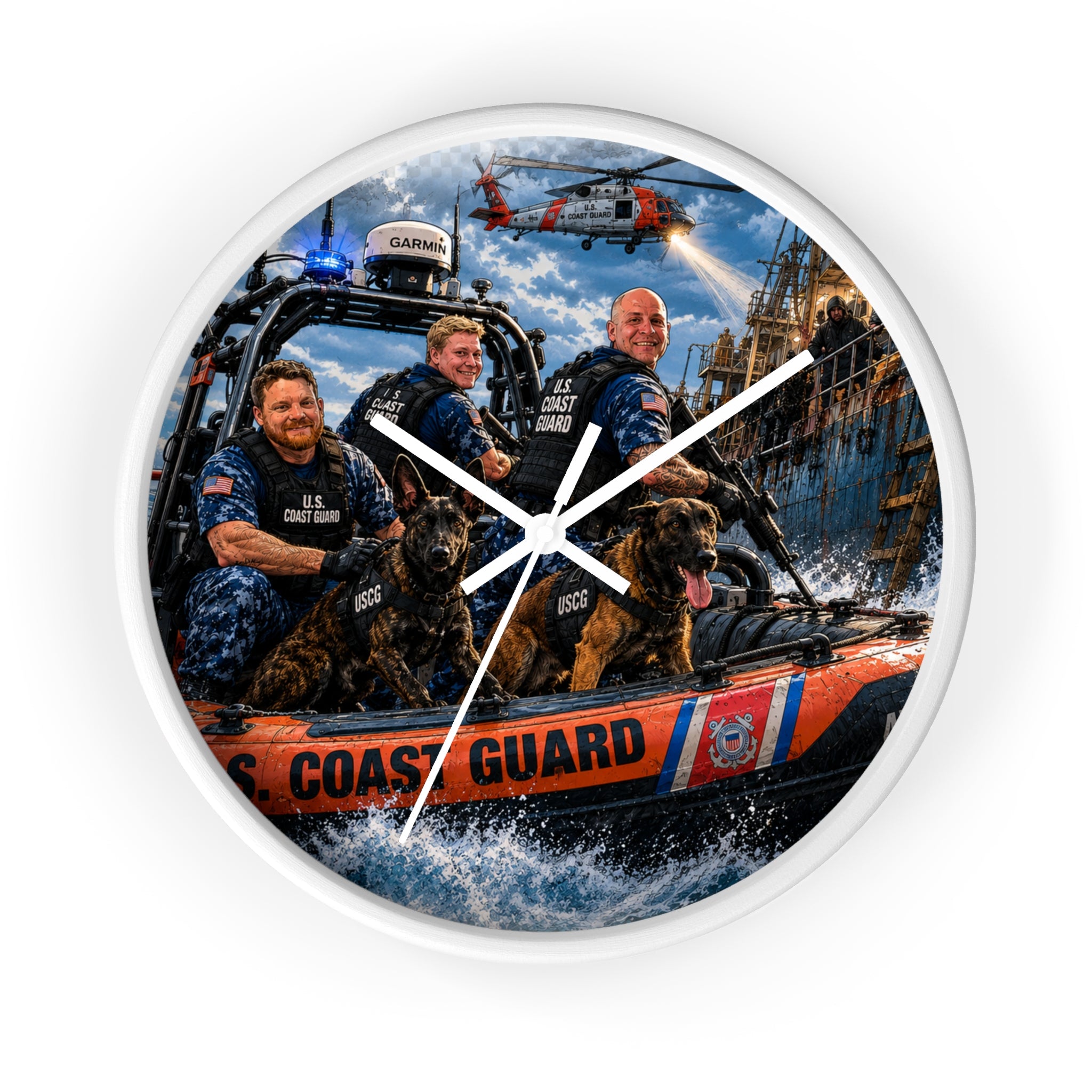 U.S. Coast Guard Rescue Team Wall Clock — Patriotic Military Rescue Boat Design