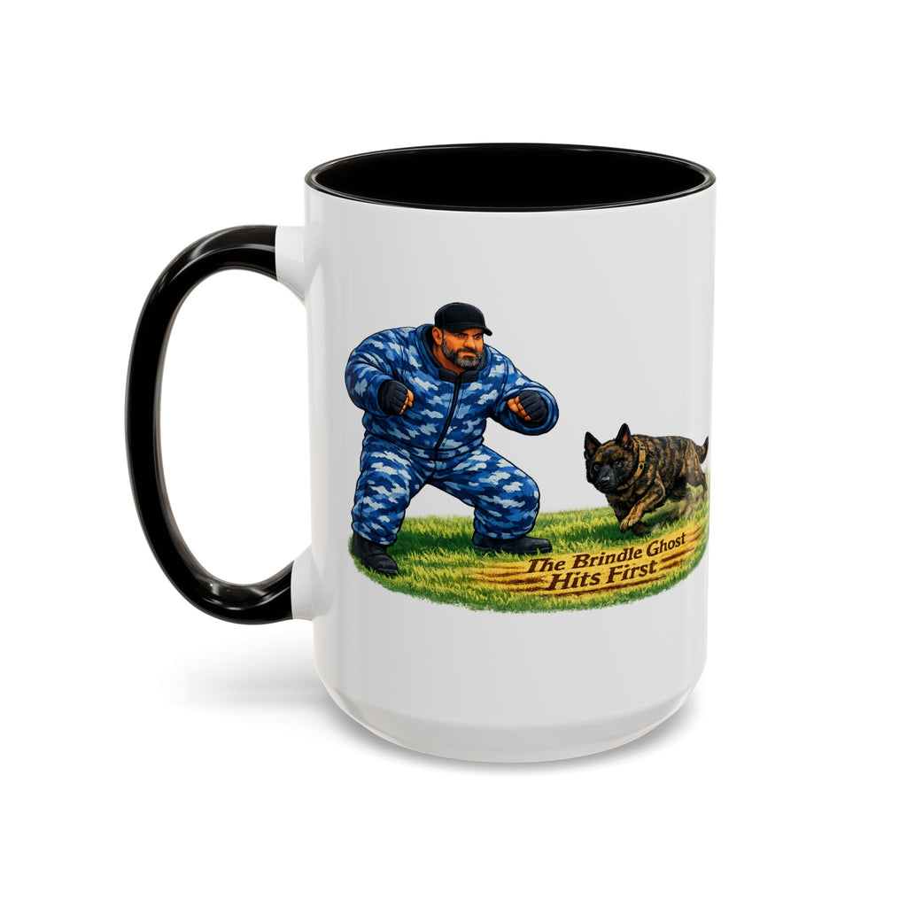 K9 Protection Trainer Mug — “The Brindle Ghost Hits First” Color Accent Coffee Cup (11oz/15oz)