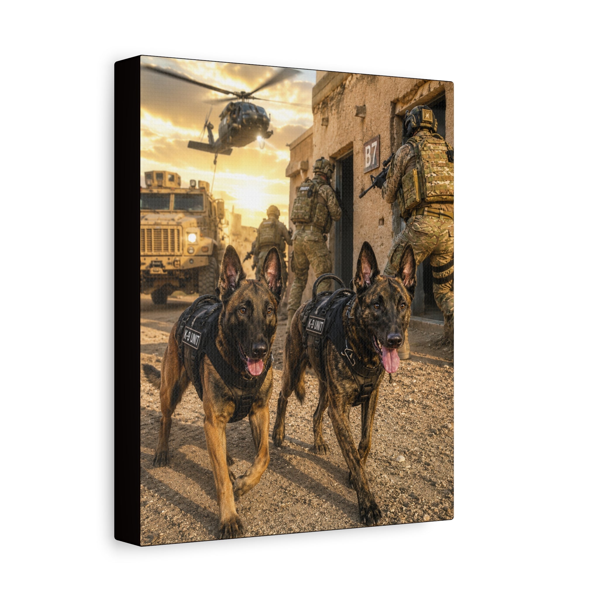 Military Working Dogs Canvas Print — K9 Unit Action Matte Stretched Wall Art
