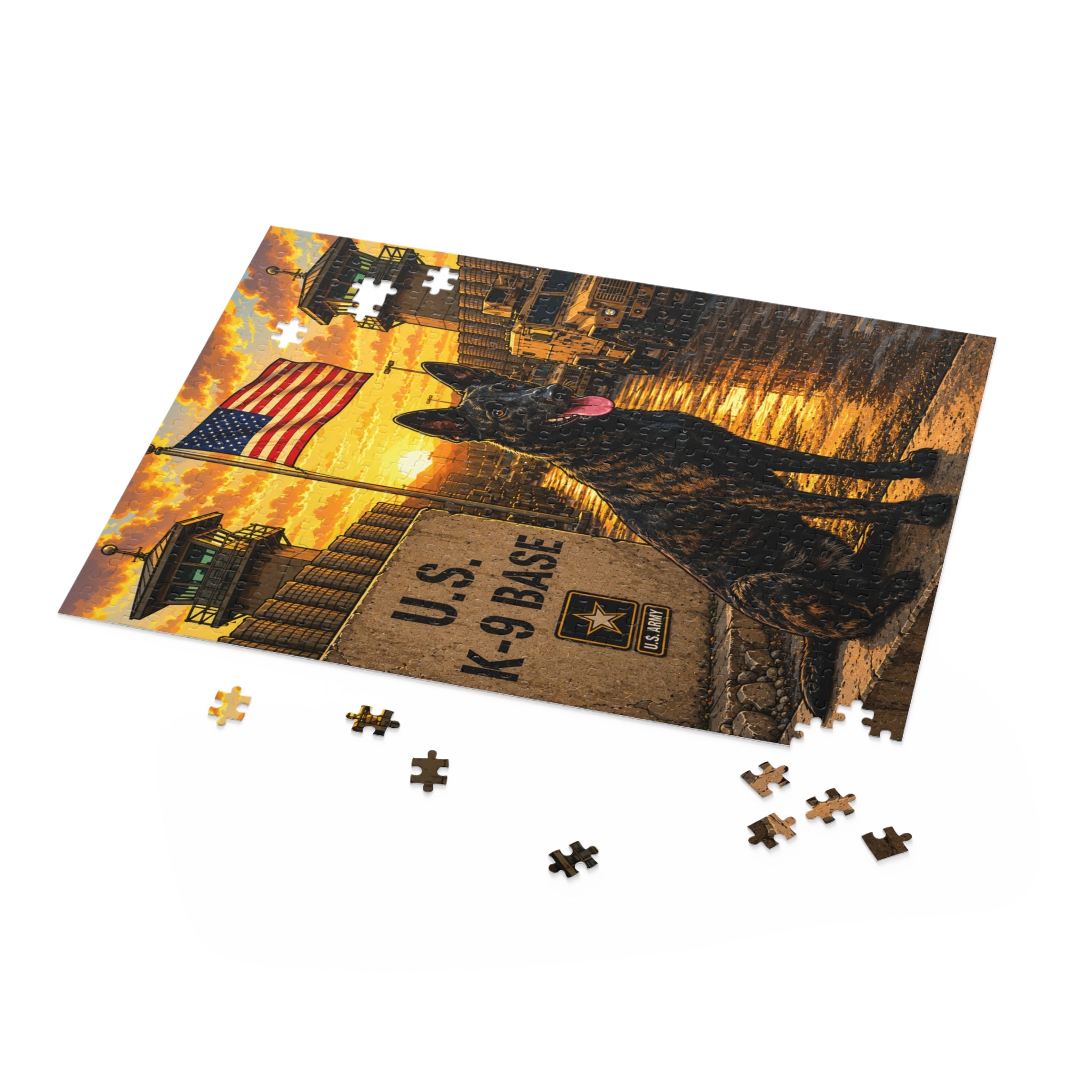 K-9 Base Military Dog Puzzle — American Flag Sunset (120/252/500 pcs)