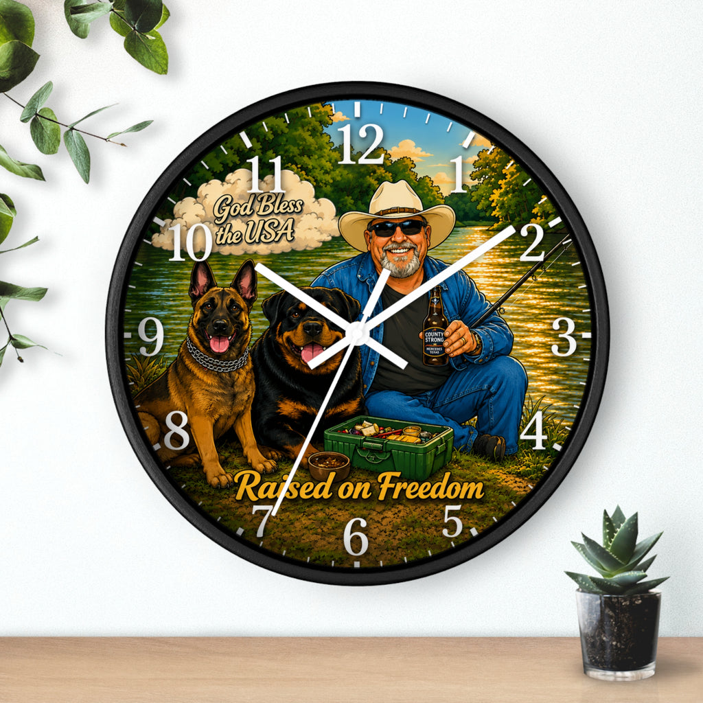 Raised on Freedom Wall Clock — 'God Bless the USA' Patriotic Fishing Clock with Dogs