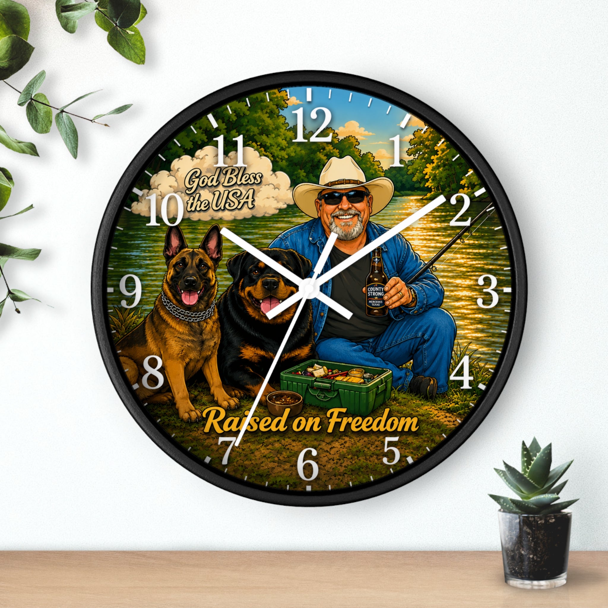 Raised on Freedom Wall Clock — 'God Bless the USA' Patriotic Fishing Clock with Dogs
