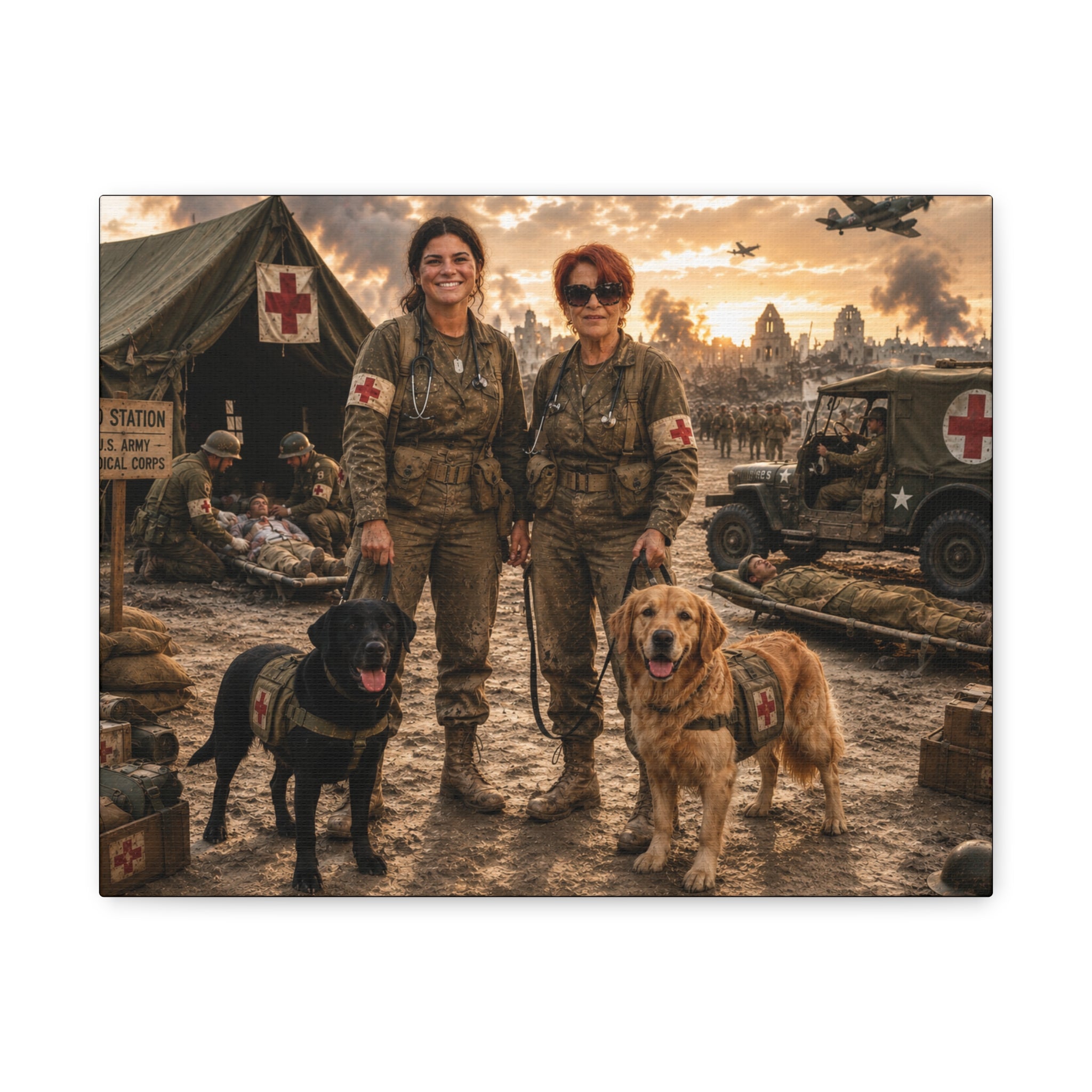 Military Women K9 Medics & Service Dogs Matte Canvas Print — Vintage Wartime Field Hospital Wall Art