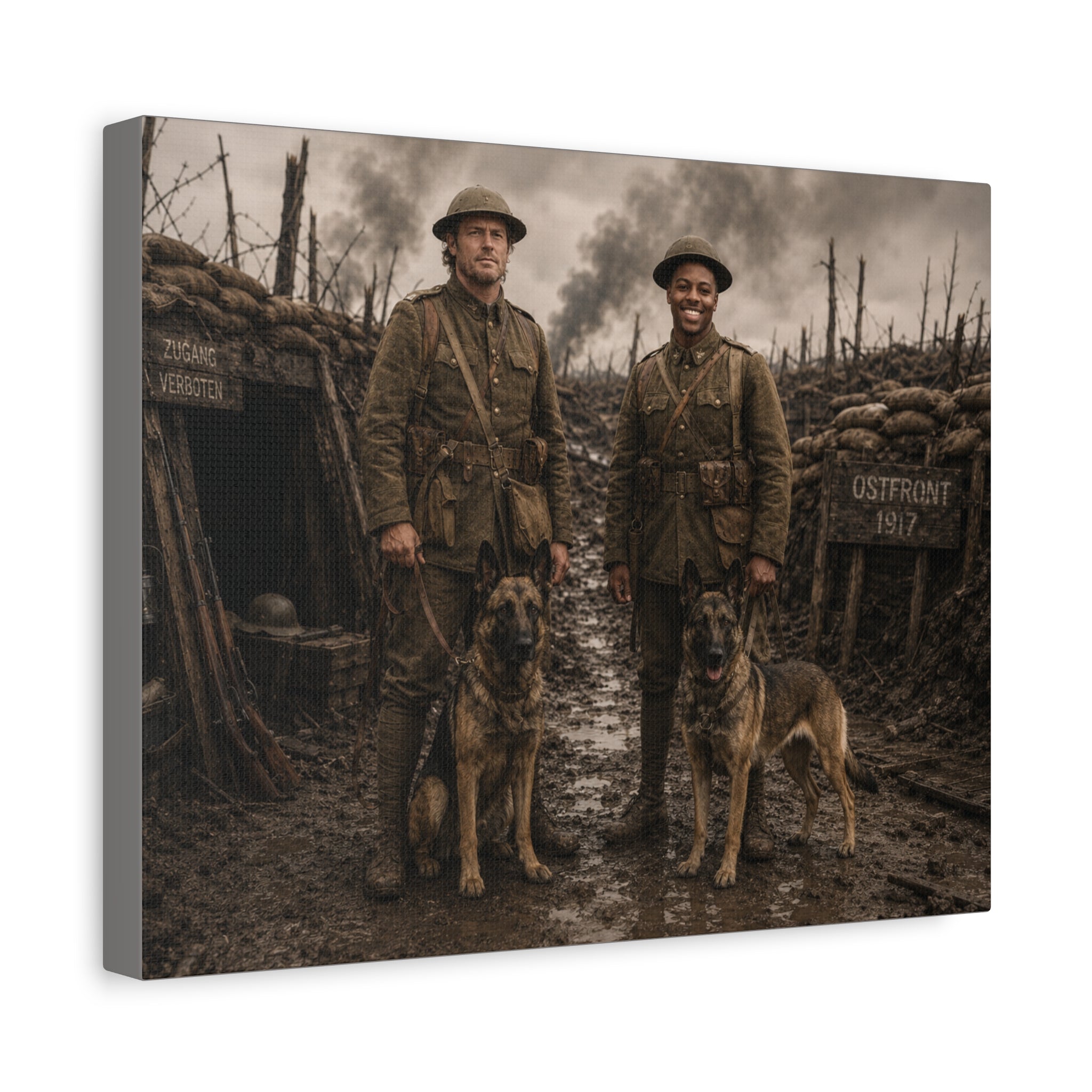 World War I Soldiers & Dogs Matte Canvas Print — Vintage Trench Photo Wall Art