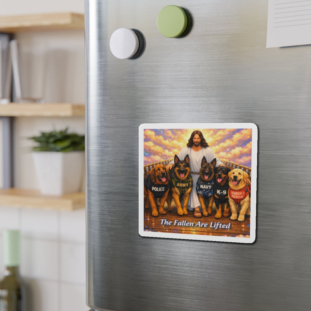 The Fallen Are Lifted Die-Cut Magnet — Jesus with Police, Army, Navy & K-9 Service Dogs