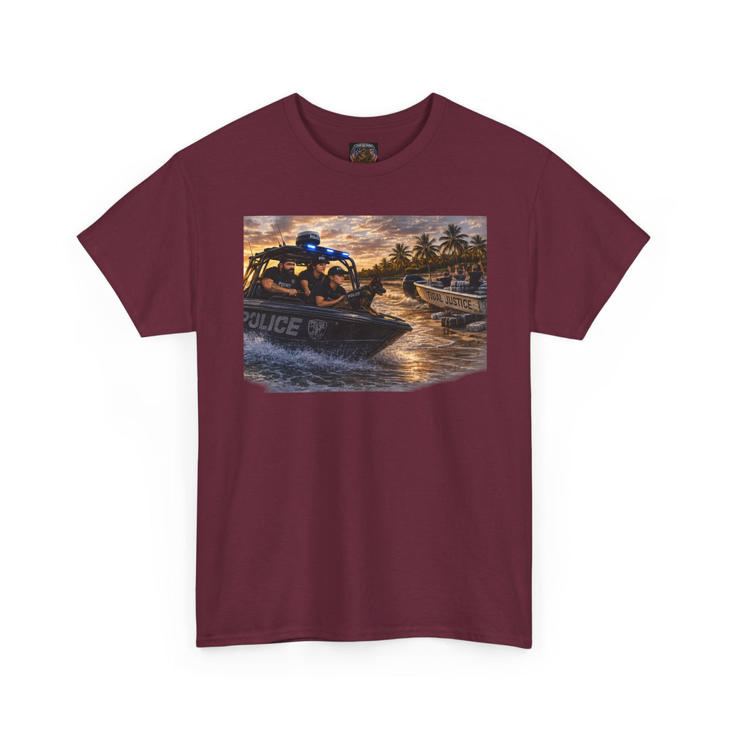 Police K-9 Rescue Boat T‑Shirt — Coastal Patrol Sunset Graphic Tee