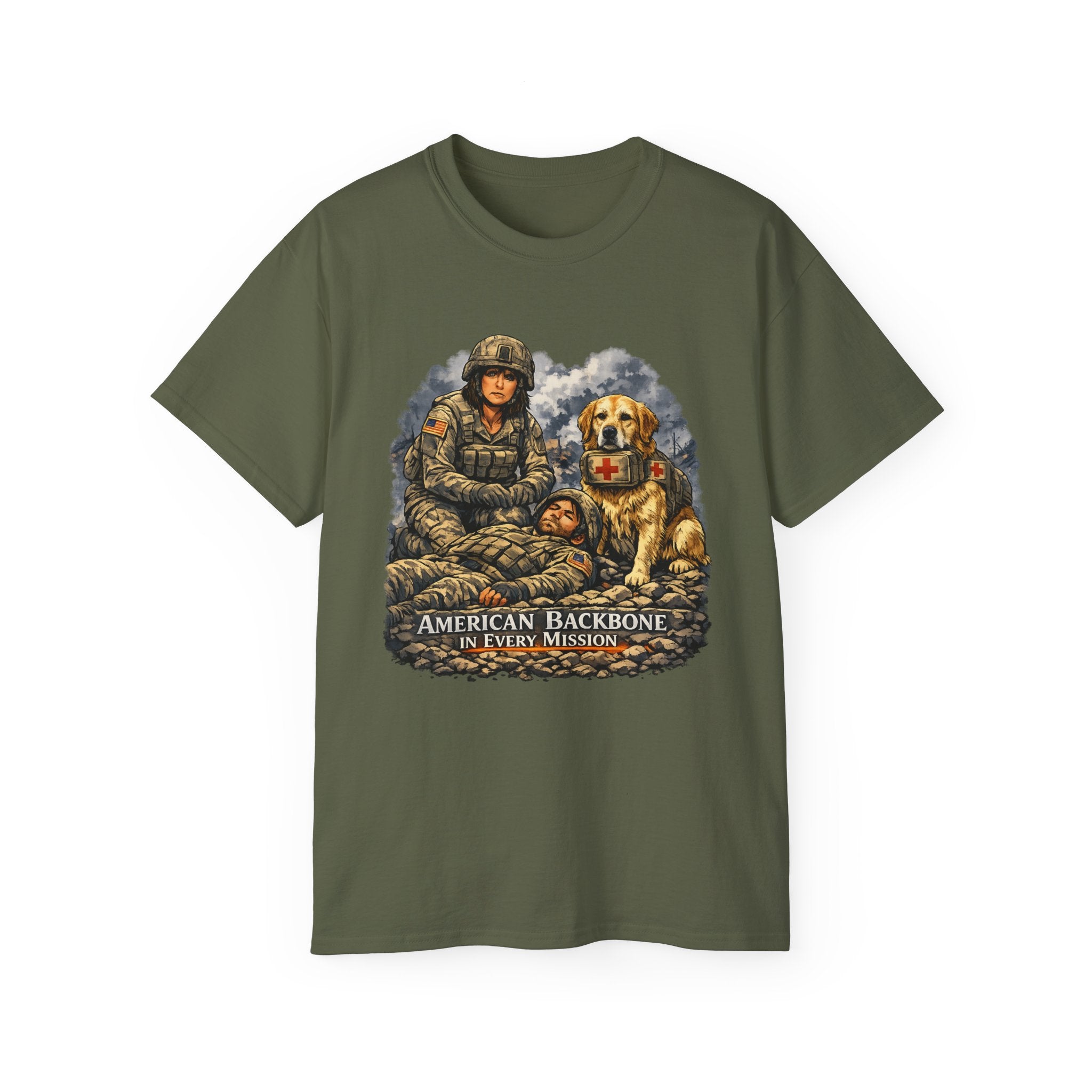 Military Veteran T‑Shirt – "American Backbone" Soldier & Service Dog Tribute Tee