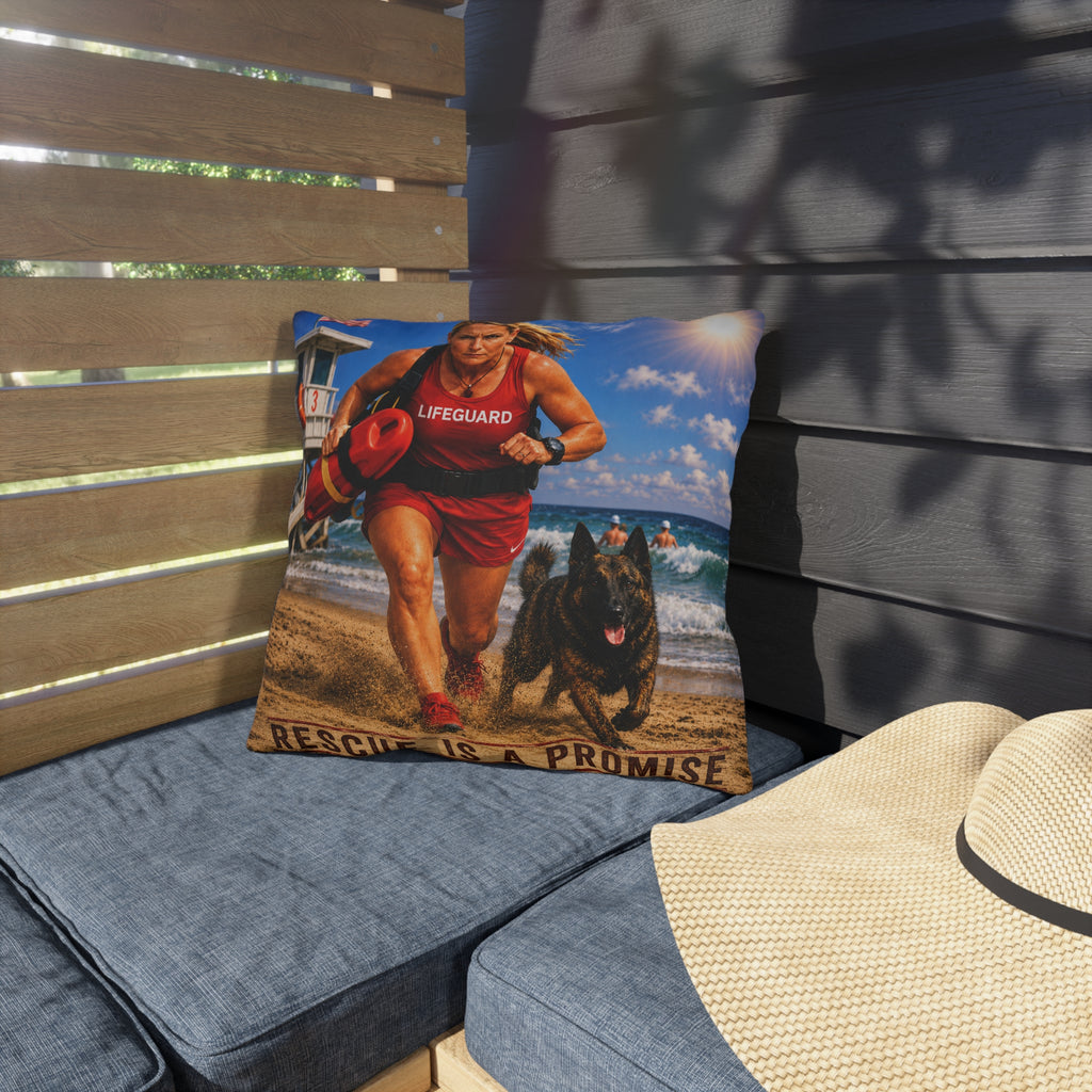 Lifeguard & Rescue Dog Beach Outdoor Pillow — "Rescue Is A Promise" Coastal Decor