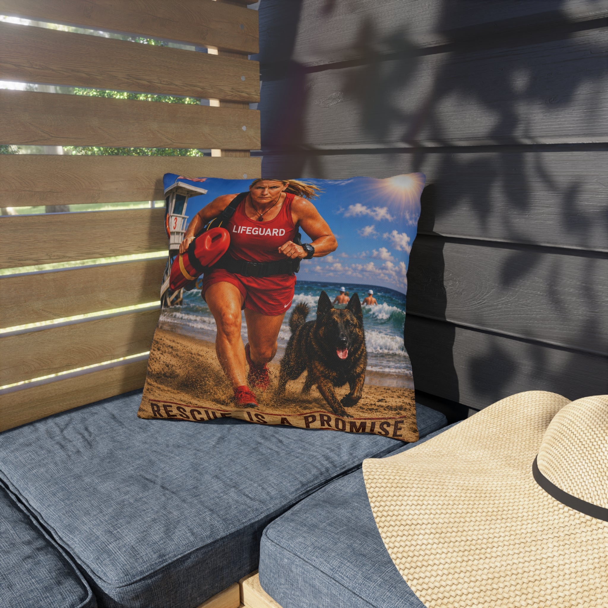Lifeguard & Rescue Dog Beach Outdoor Pillow — "Rescue Is A Promise" Coastal Decor
