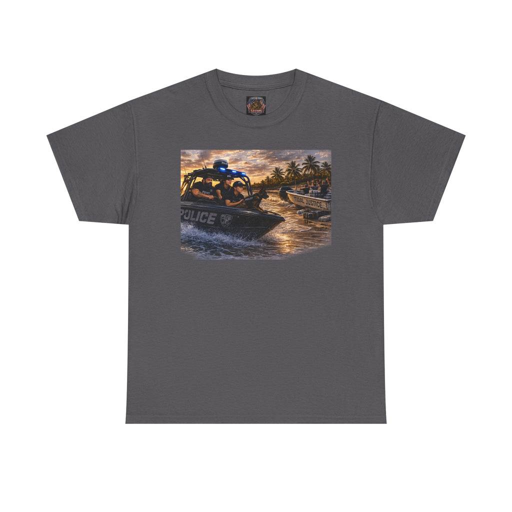Police K-9 Rescue Boat T‑Shirt — Coastal Patrol Sunset Graphic Tee