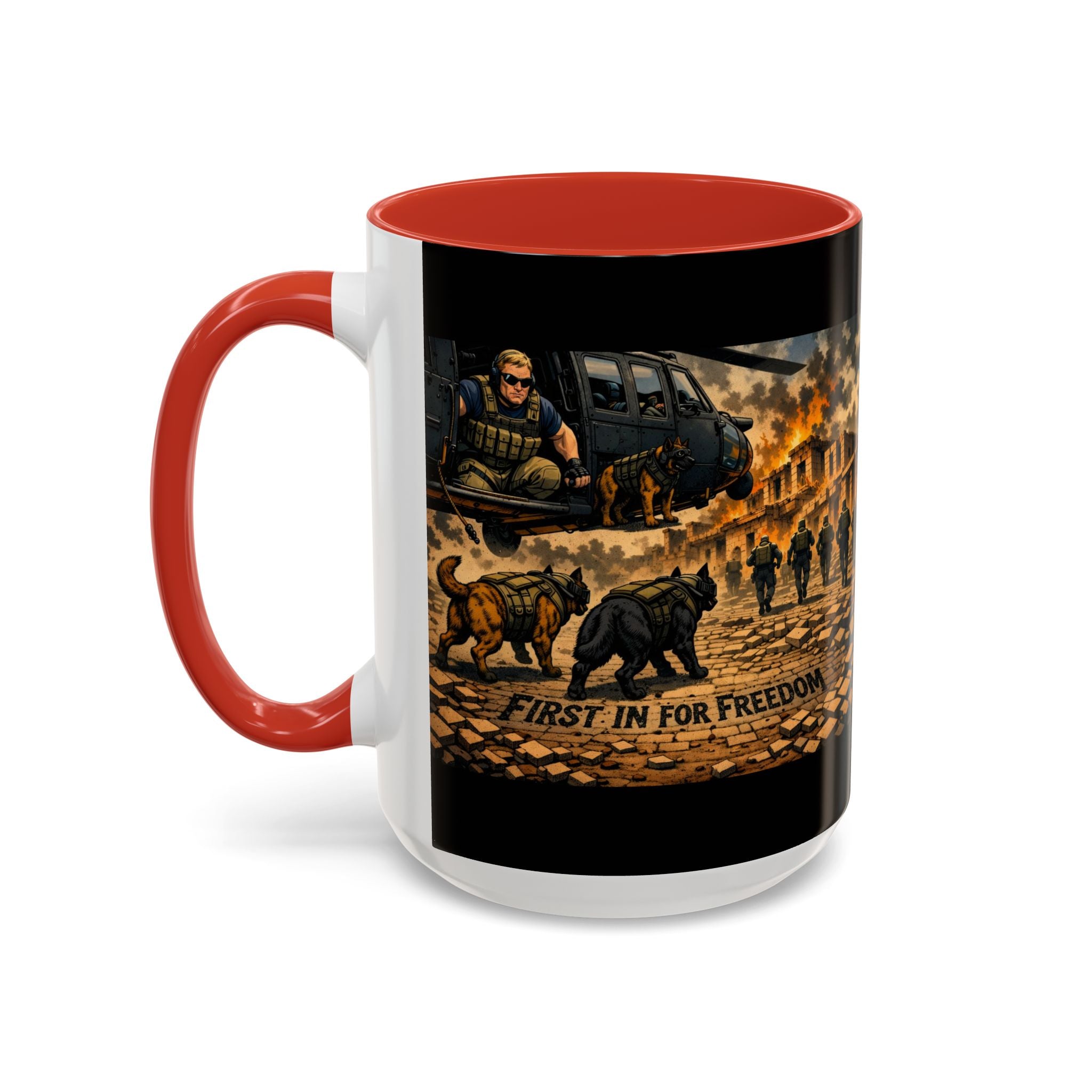 Military K9 Coffee Mug — 'First In for Freedom' Accent Ceramic Mug