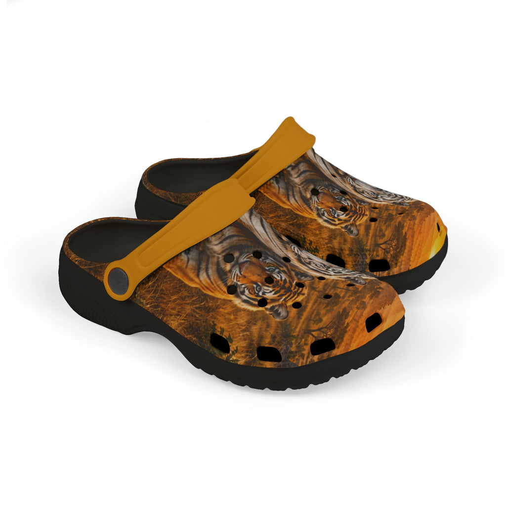 Kids Tiger Print Foam Clogs — Orange Jungle Animal Slip-On Shoes
