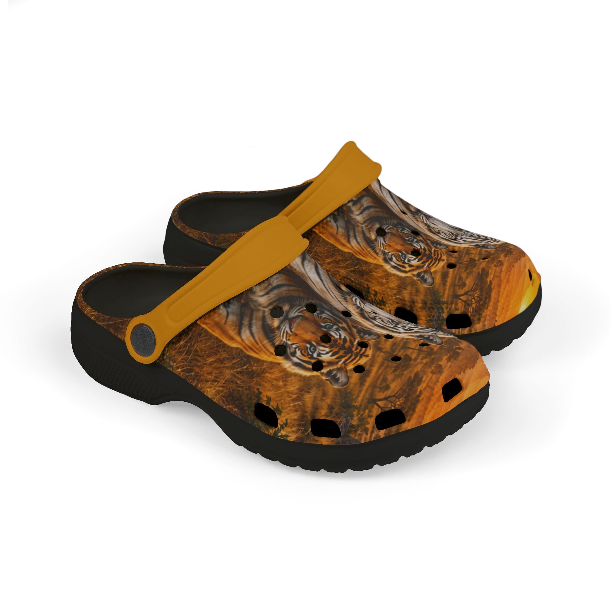Kids Tiger Print Foam Clogs — Orange Jungle Animal Slip-On Shoes