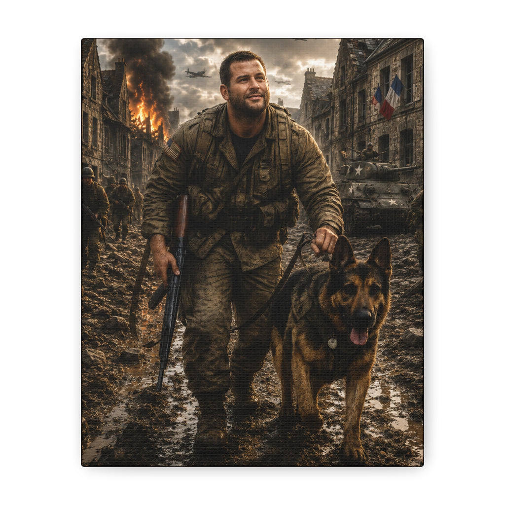 War Hero Canvas Print — Soldier with Military Dog Matte Stretched Wall Art