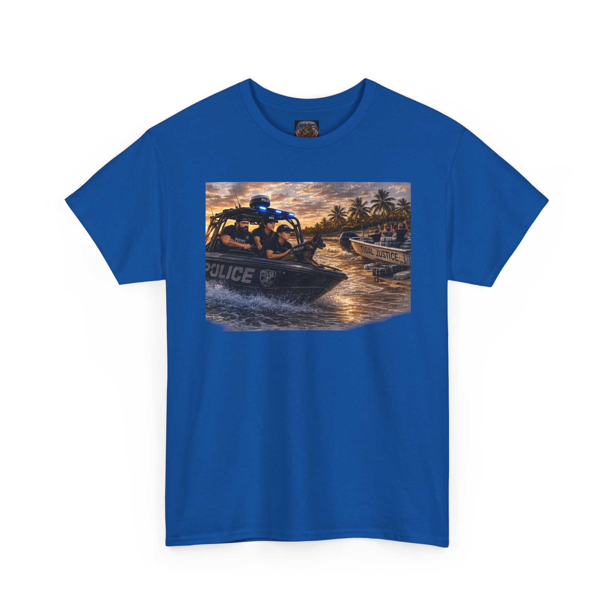 Police K-9 Rescue Boat T‑Shirt — Coastal Patrol Sunset Graphic Tee