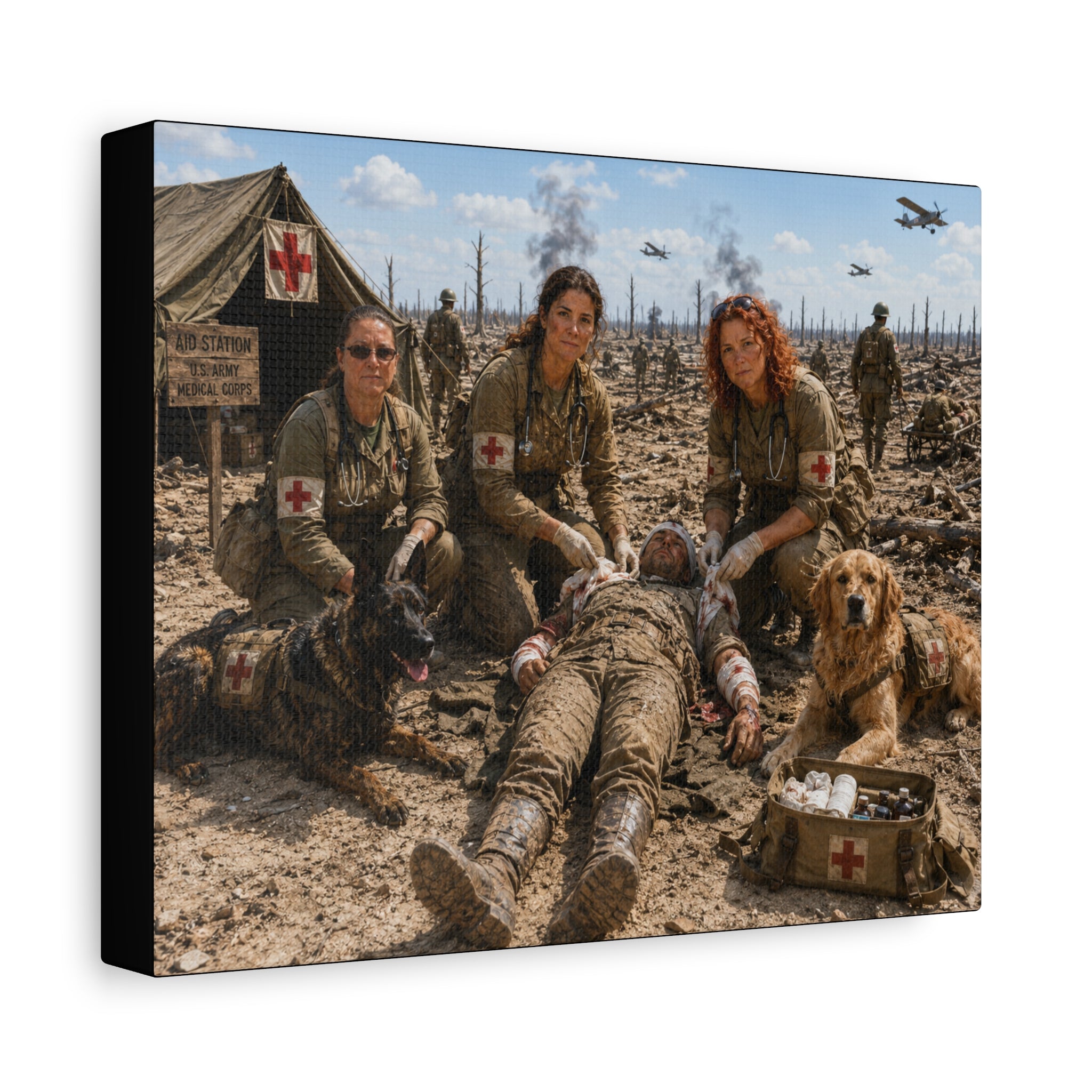 Military Medic Canvas Print — WWII Battlefield Nurses with Service Dogs