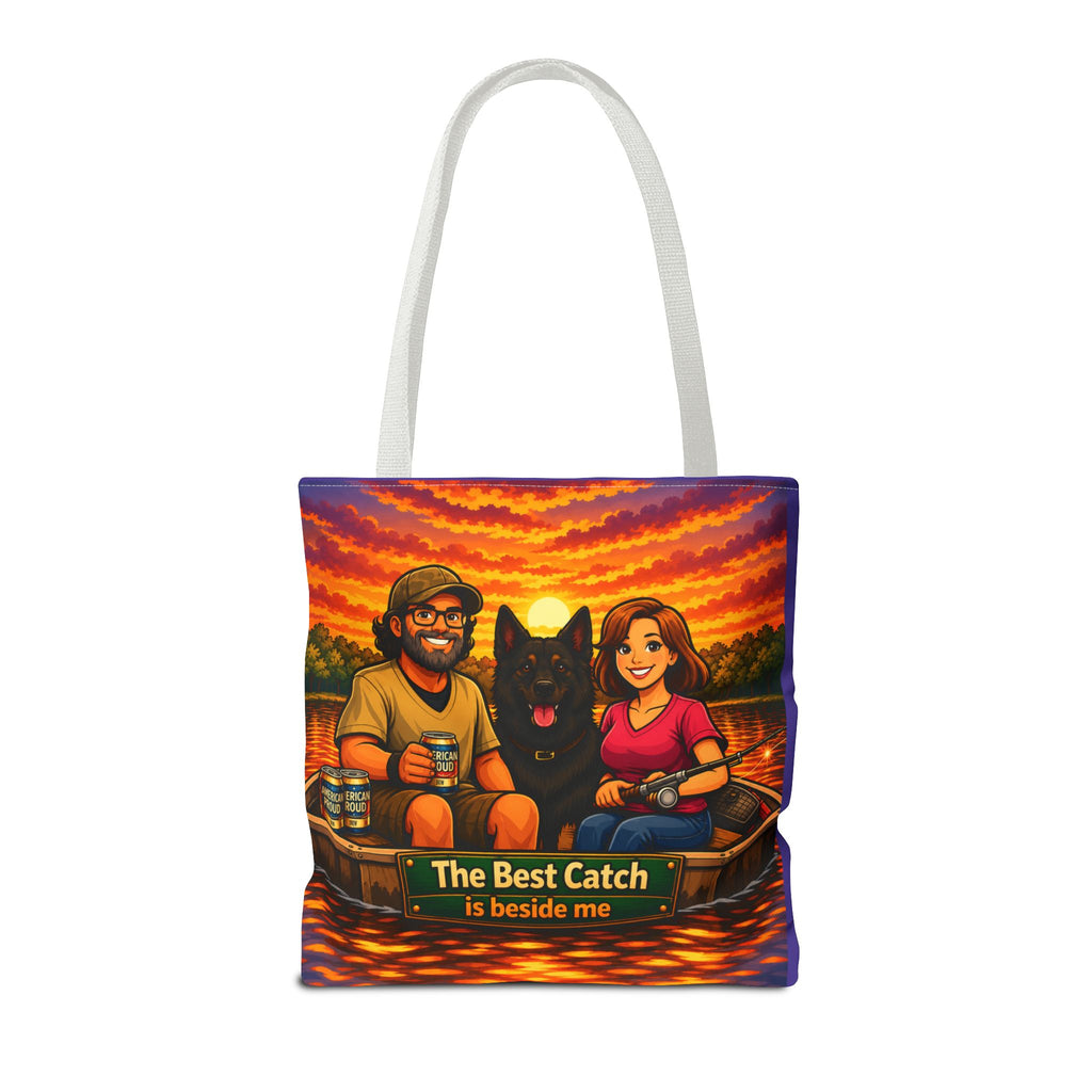 Tote Bag — "The Best Catch Is Beside Me" Fishing Couple & Dog Sunset Tote