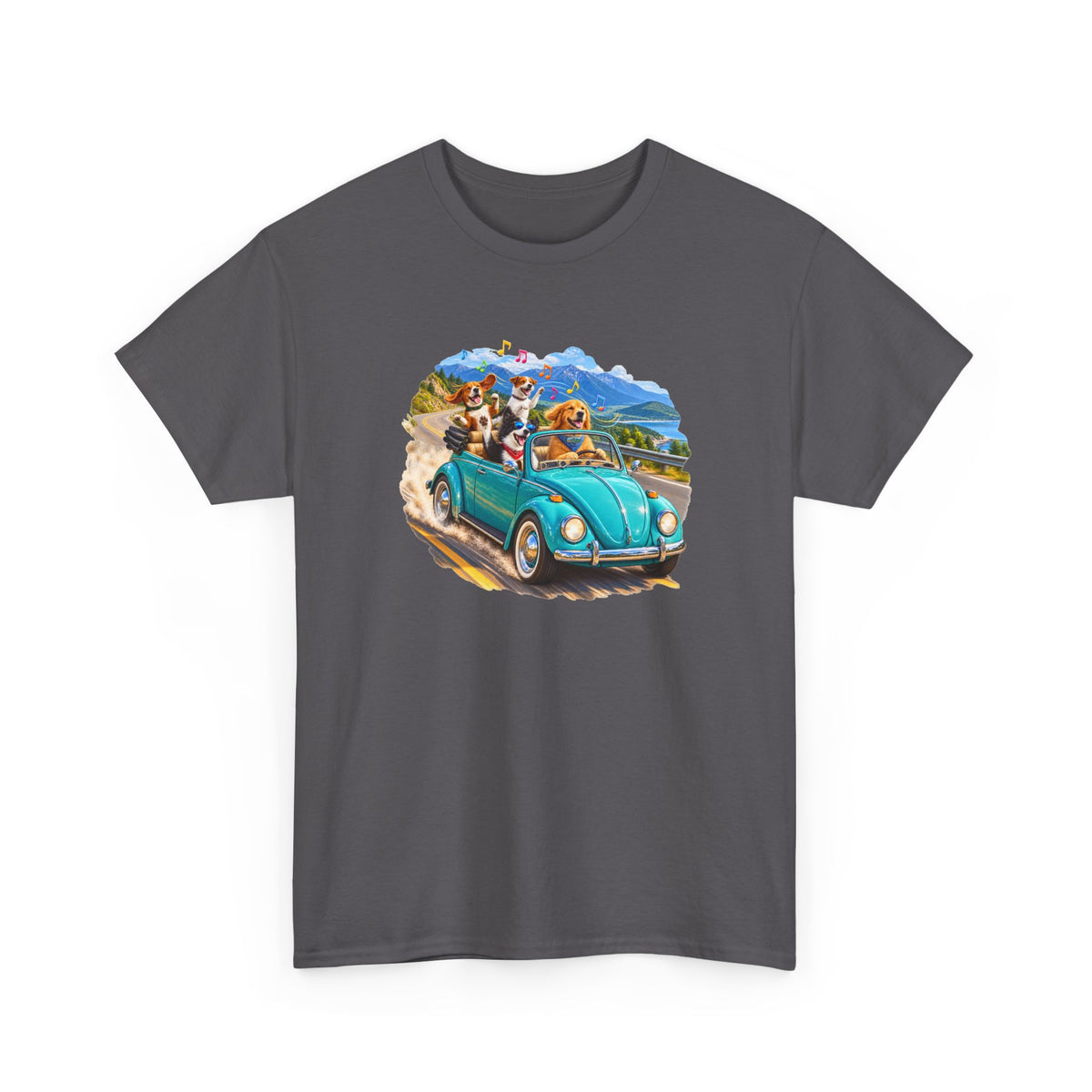 T-Shirt — Retro VW Beetle Road Trip Tee with Dogs (Vintage Summer Vibe)