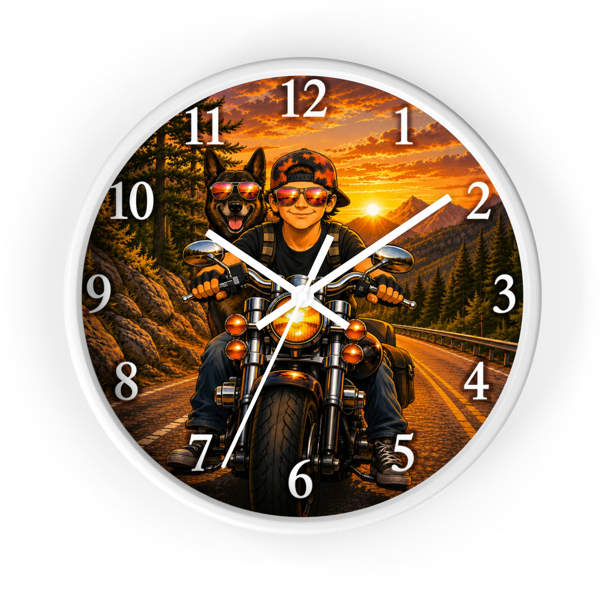 Biker K-9 Sunset Wall Clock — Motorcycle Rider & Dog Road Trip Decor
